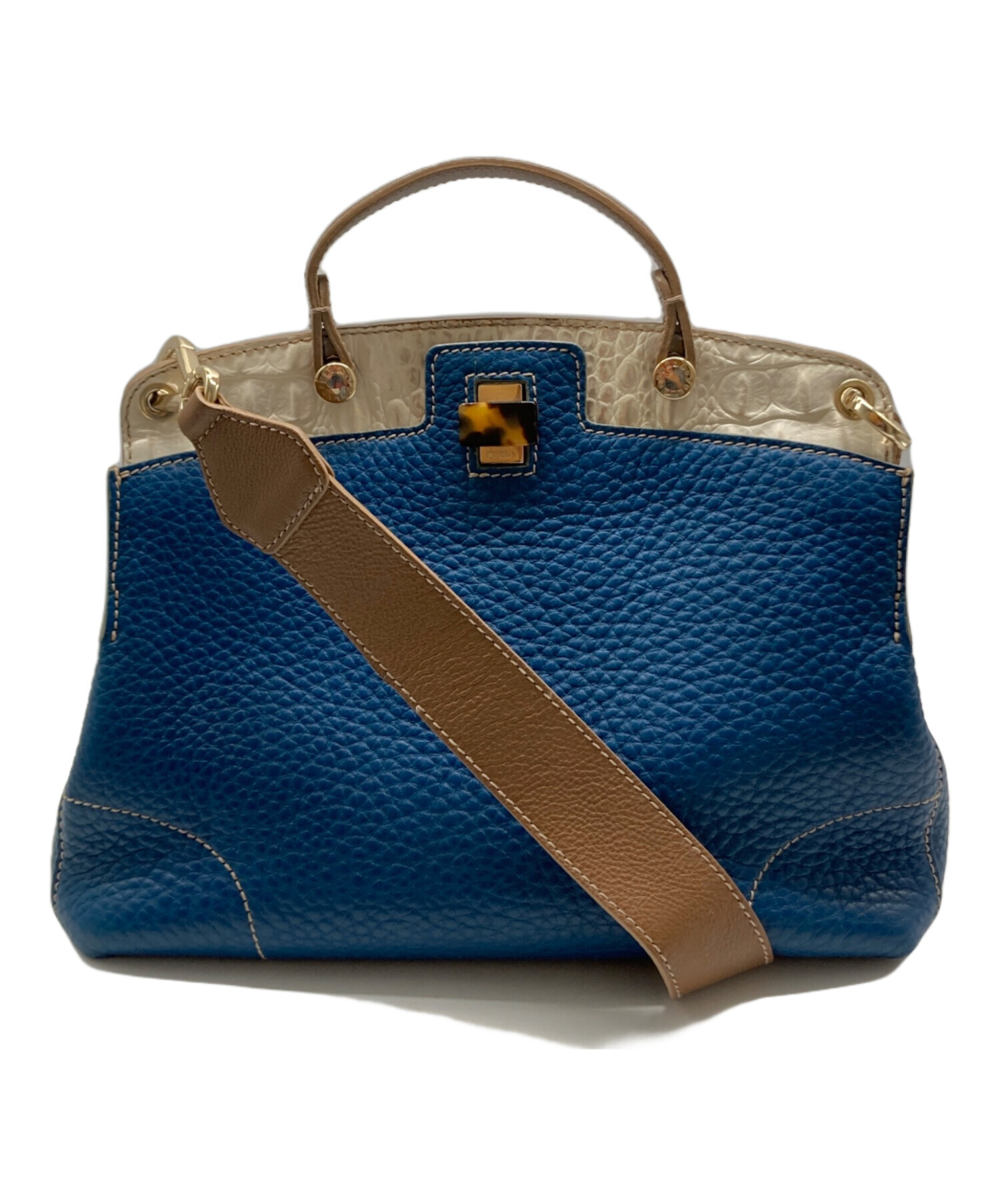 中古・古着通販】FURLA (フルラ) 型押しハンドバッグ ネイビー 