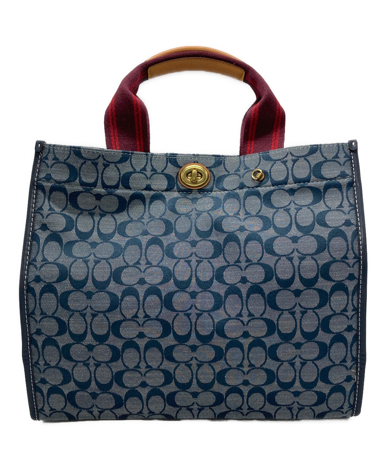 COACH ネイビー トートバッグ タグ付き 中古・古着通販】COACH (コーチ) トート 34 シグネチャー シャンブレー