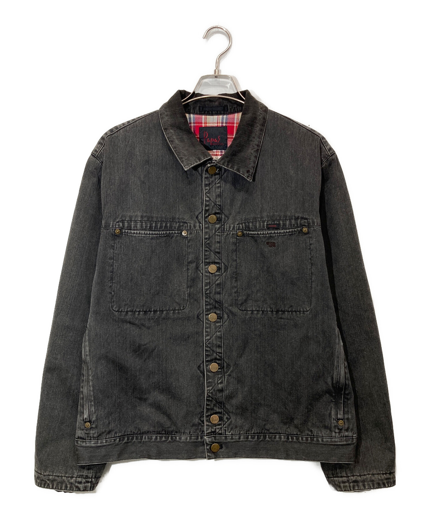 Papas ブラック デニムカバーオール パパス Papas パパス ブラック デニム カバーオール 襟コーデュロイ サイ刺繍