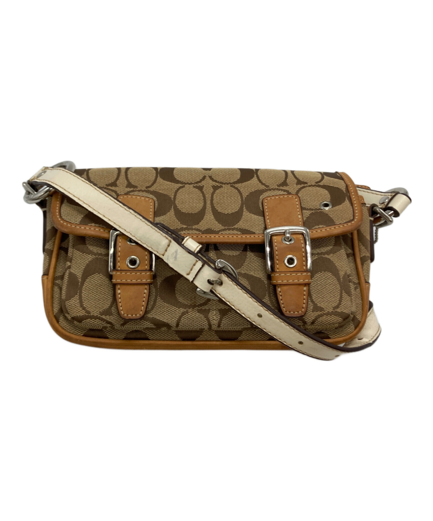 COACH コーチ　シグネチャー　ショルダーバッグ ベージュ　箱型　送料込 中古・古着通販】COACH (コーチ) シグネチャーショルダーバッグ