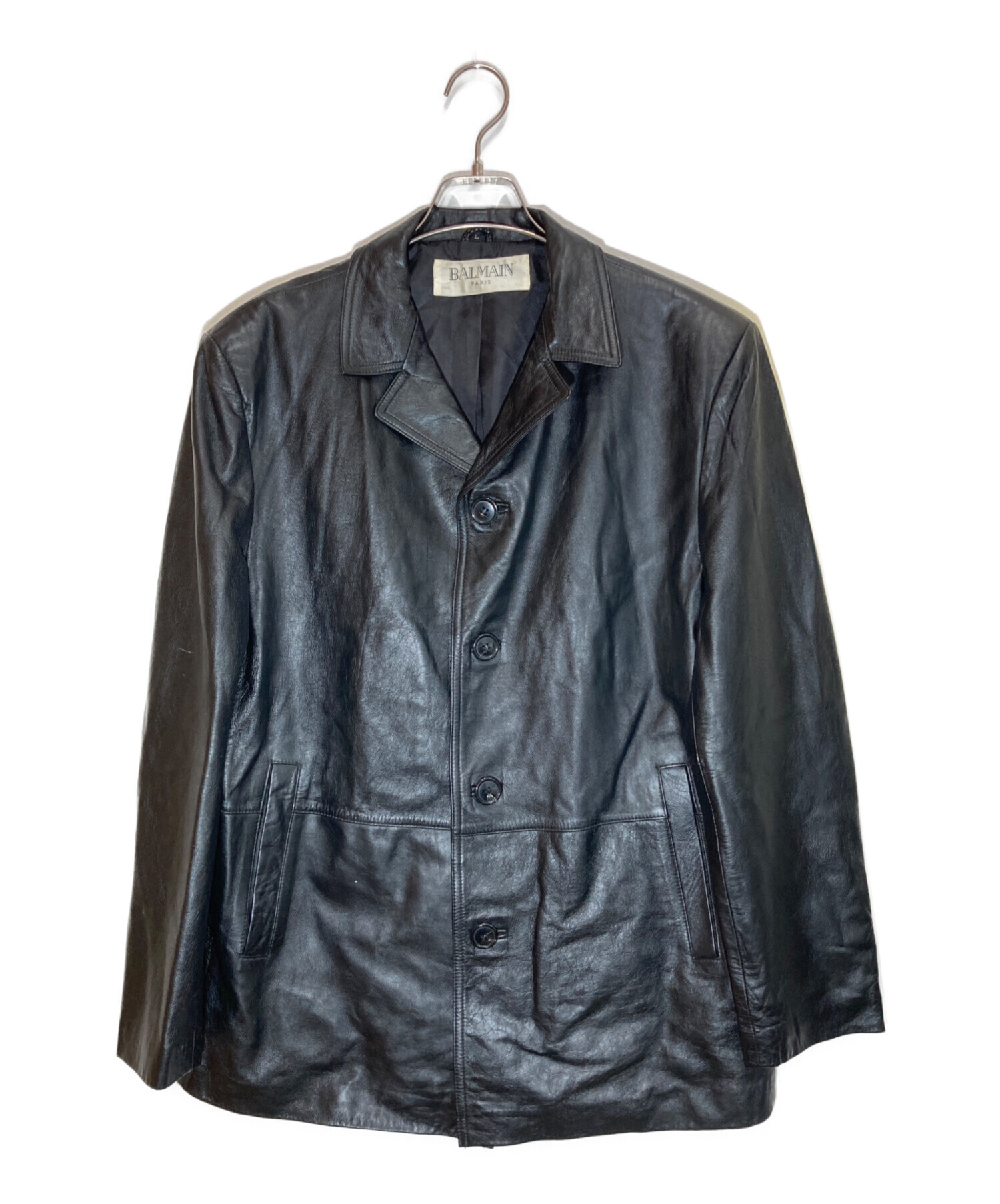 中古・古着通販】BALMAIN (バルマン) レザーハーフコート ブラック