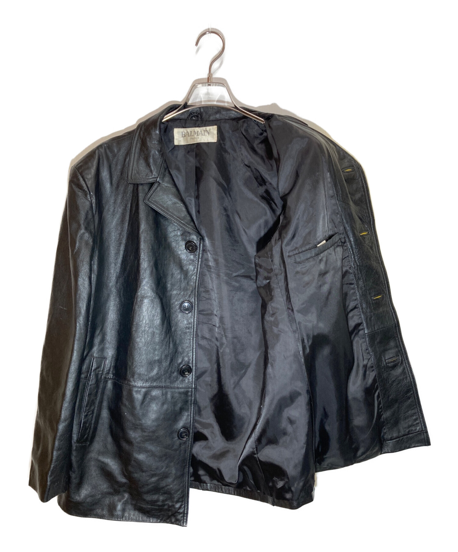 中古・古着通販】BALMAIN (バルマン) レザーハーフコート ブラック