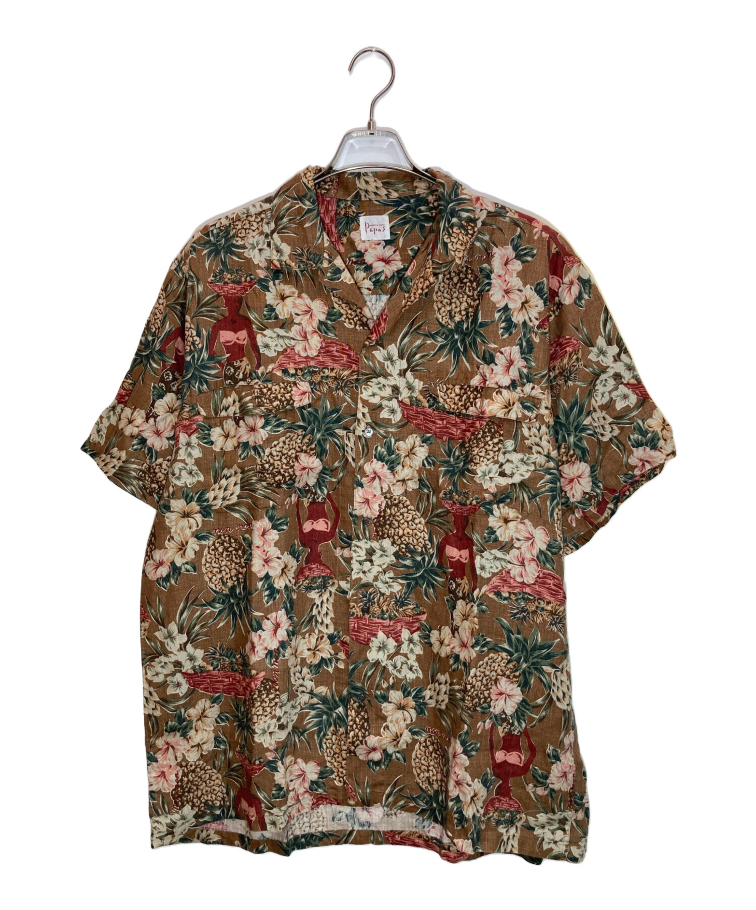 大きいサイズ PAPAS パパス 半袖アロハ柄 リネンシャツ 新品タグ付き LL 中古・古着通販】PAPAS (パパス) リネンアロハシャツ ブラウン サイズ