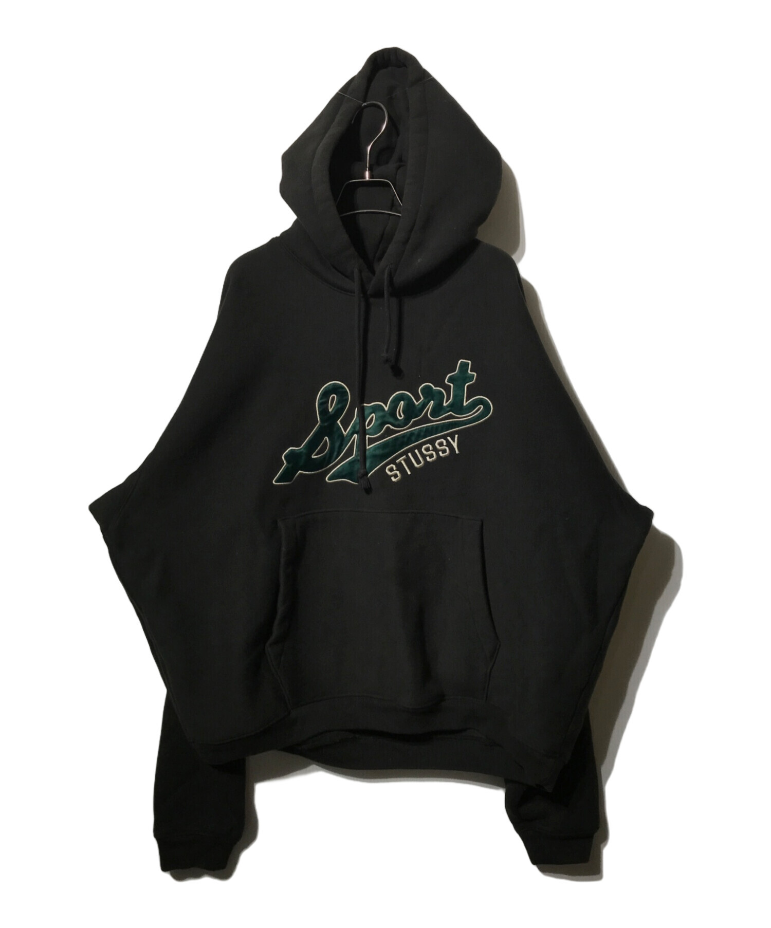 Lサイズ ステューシー パーカー ワンポイント刺繍ロゴ グリーン×ブラック 中古・古着通販】stussy (ステューシー) SATIN PATCH HOODIE ブラック