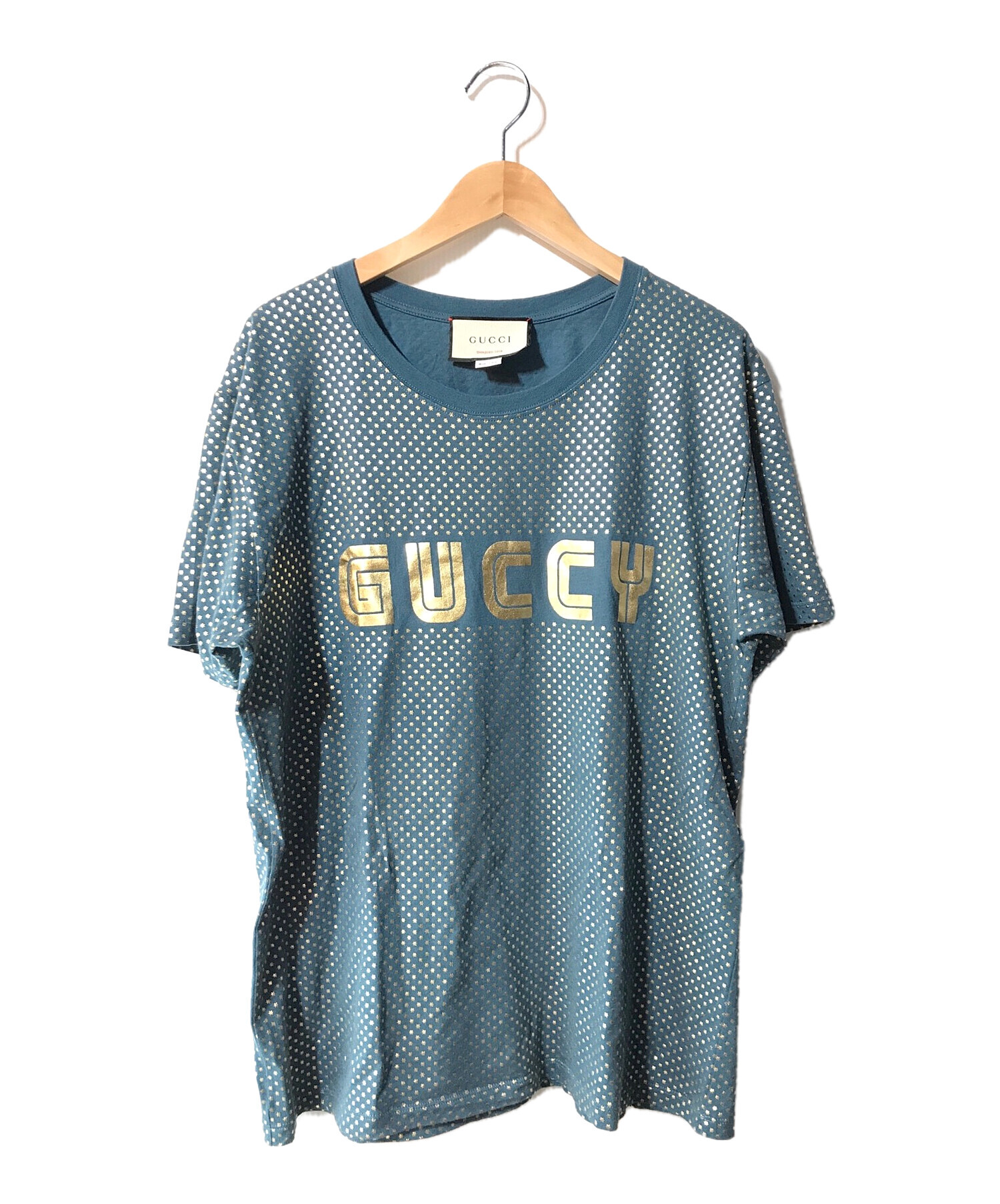 中古・古着通販】GUCCI (グッチ) GUUCYロゴスター柄Tシャツ ネイビー