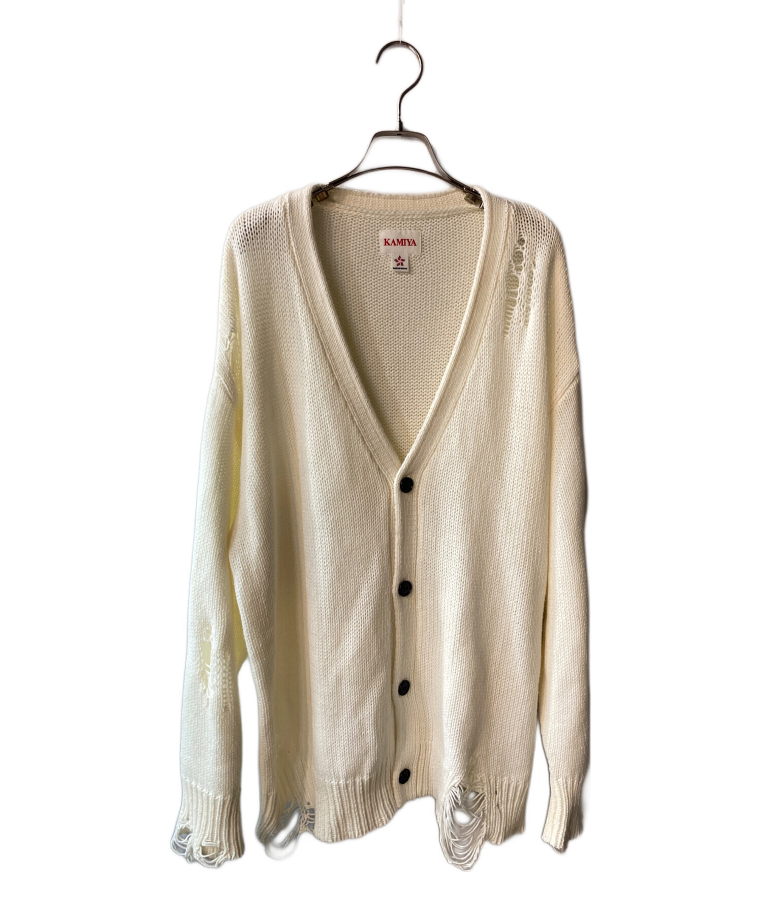 ぴーまん KAMIYA Distressed Knit Cardigan 中古・古着通販】KAMIYA (カミヤ) Distressed Knit Cardigan ホワイト