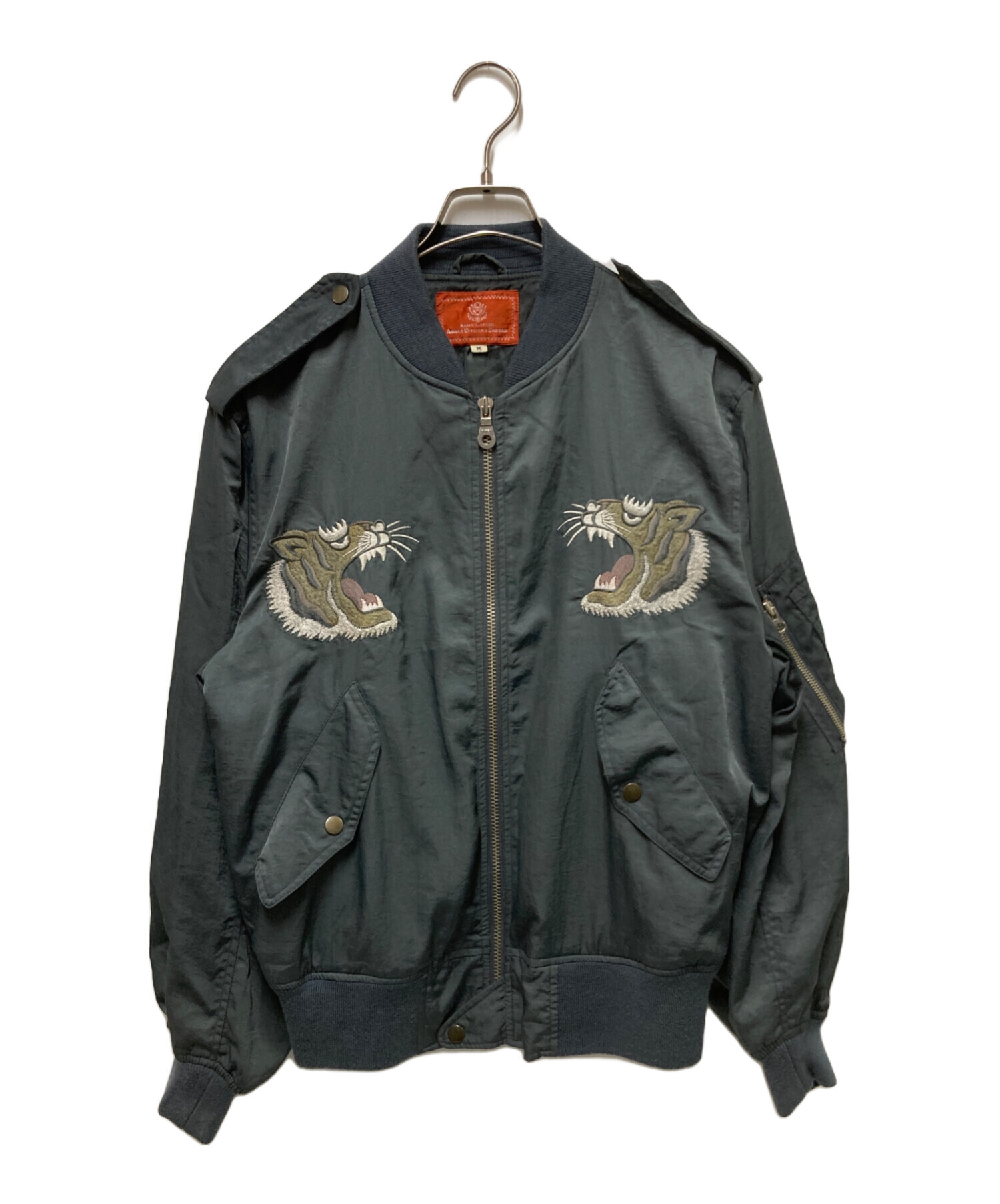 AVIREX スカジャン XL グレー・オリーブ 虎 AVILEX】 龍と虎刺繍 リバーシブル オリーブ スカジャンXL