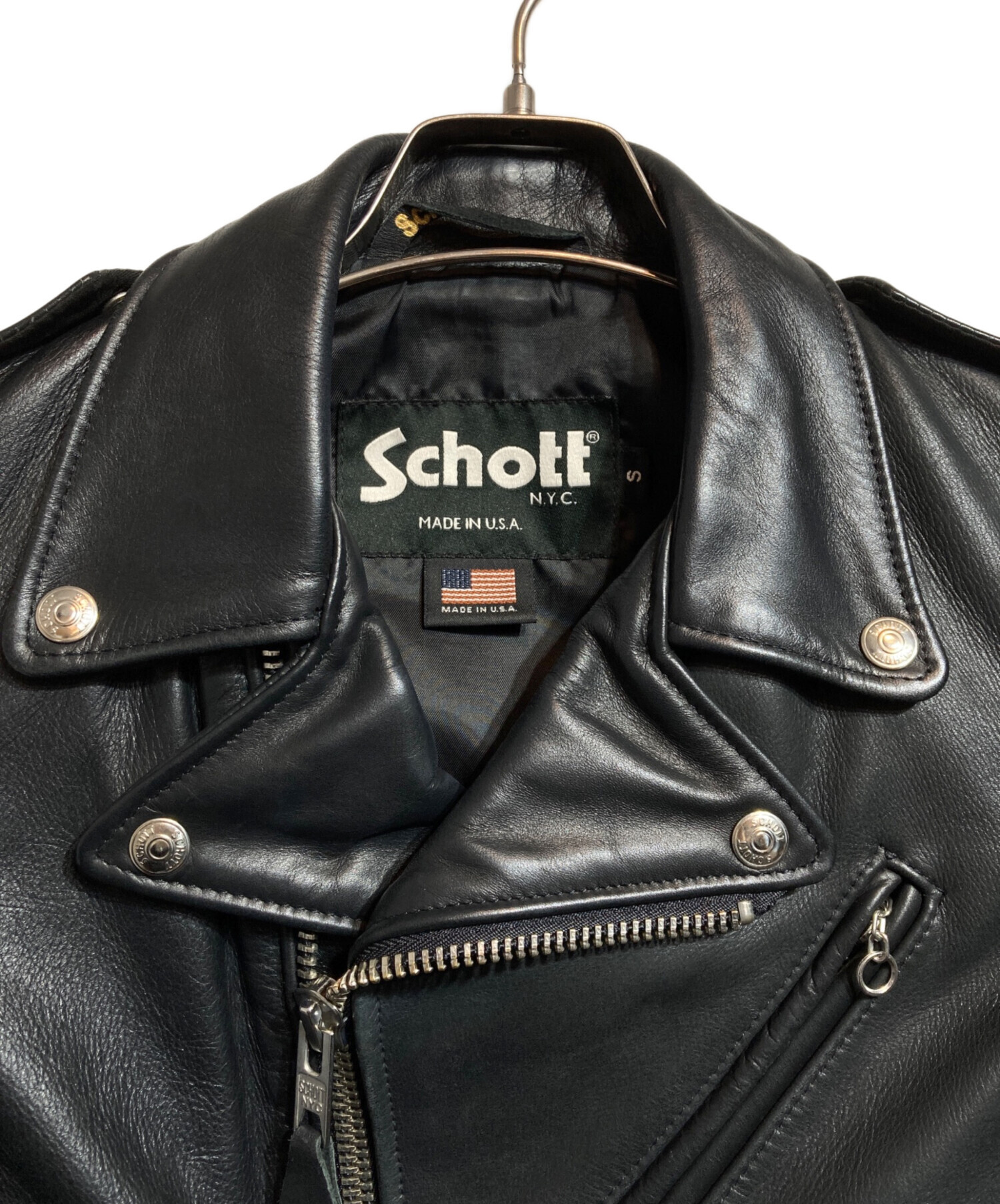 Schott ブラック ライダースジャケット S 中古・古着通販】Schott (ショット) レザーライダースジャケット