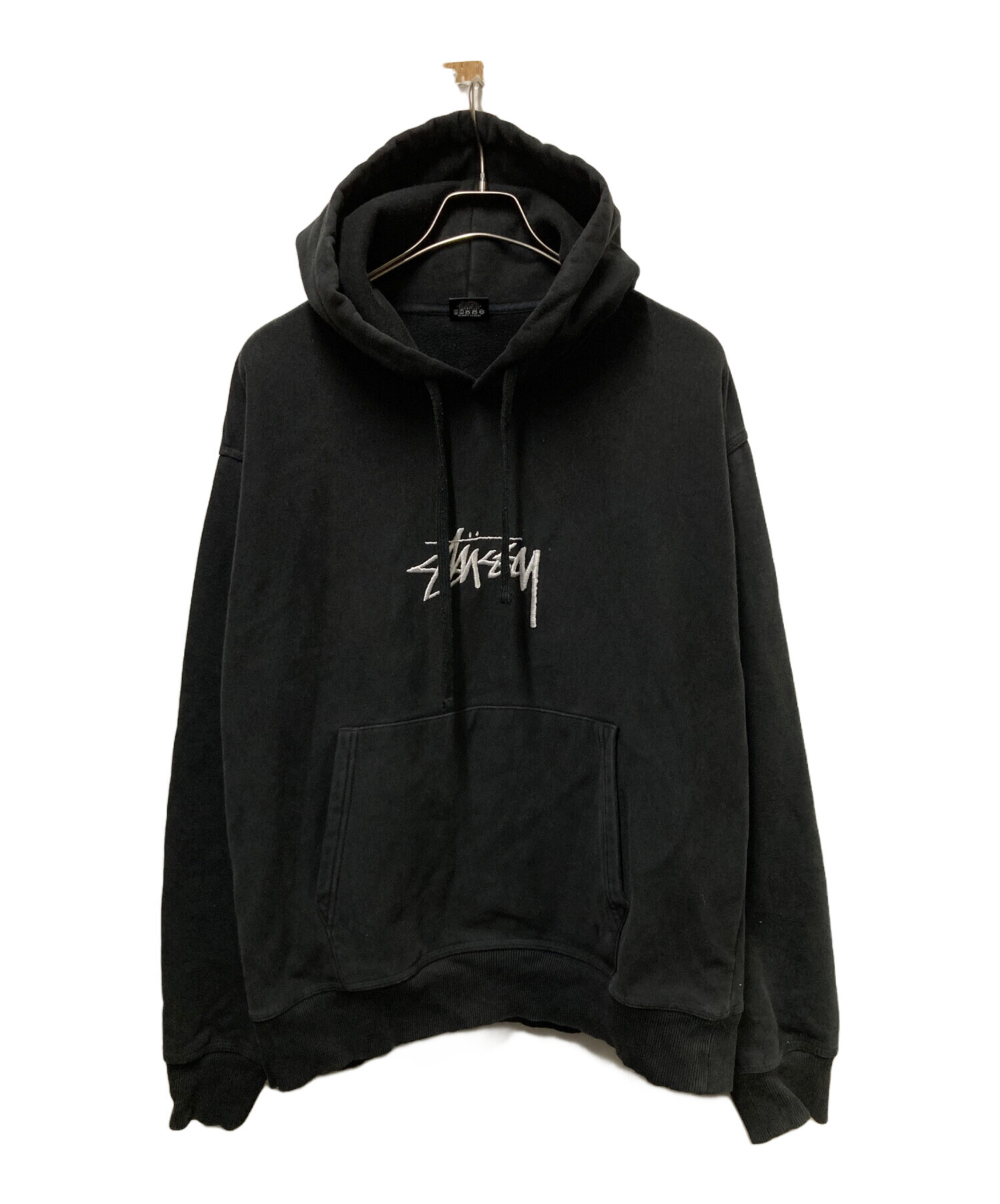 L 良品 stussy フードロゴ サガラ刺繍 デカロゴ パーカー グレー 