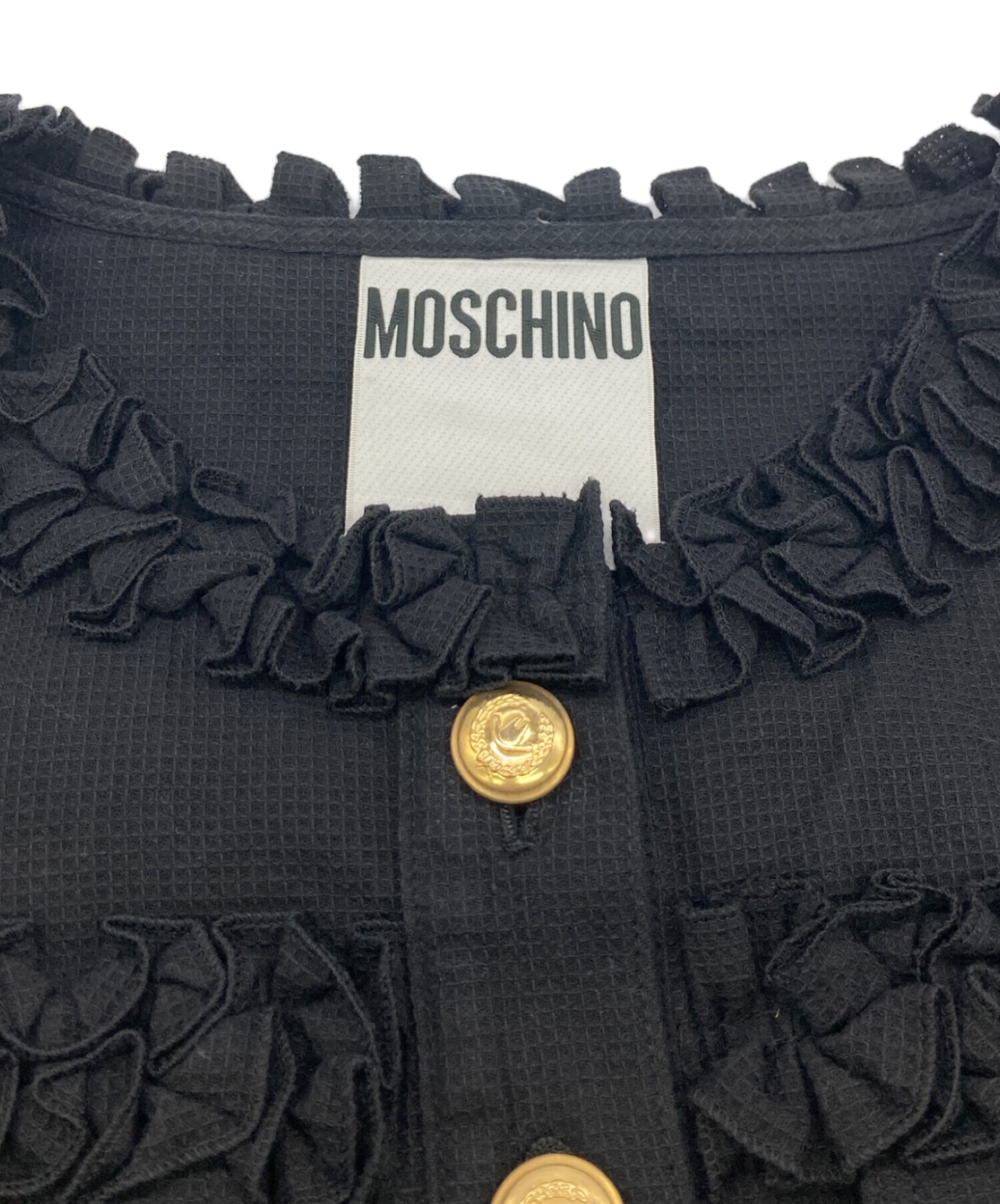 MOSCHINOモスキーノフリルブラウスS〜M 中古・古着通販】MOSCHINO (モスキーノ) 金釦フリルブラウス ブラック