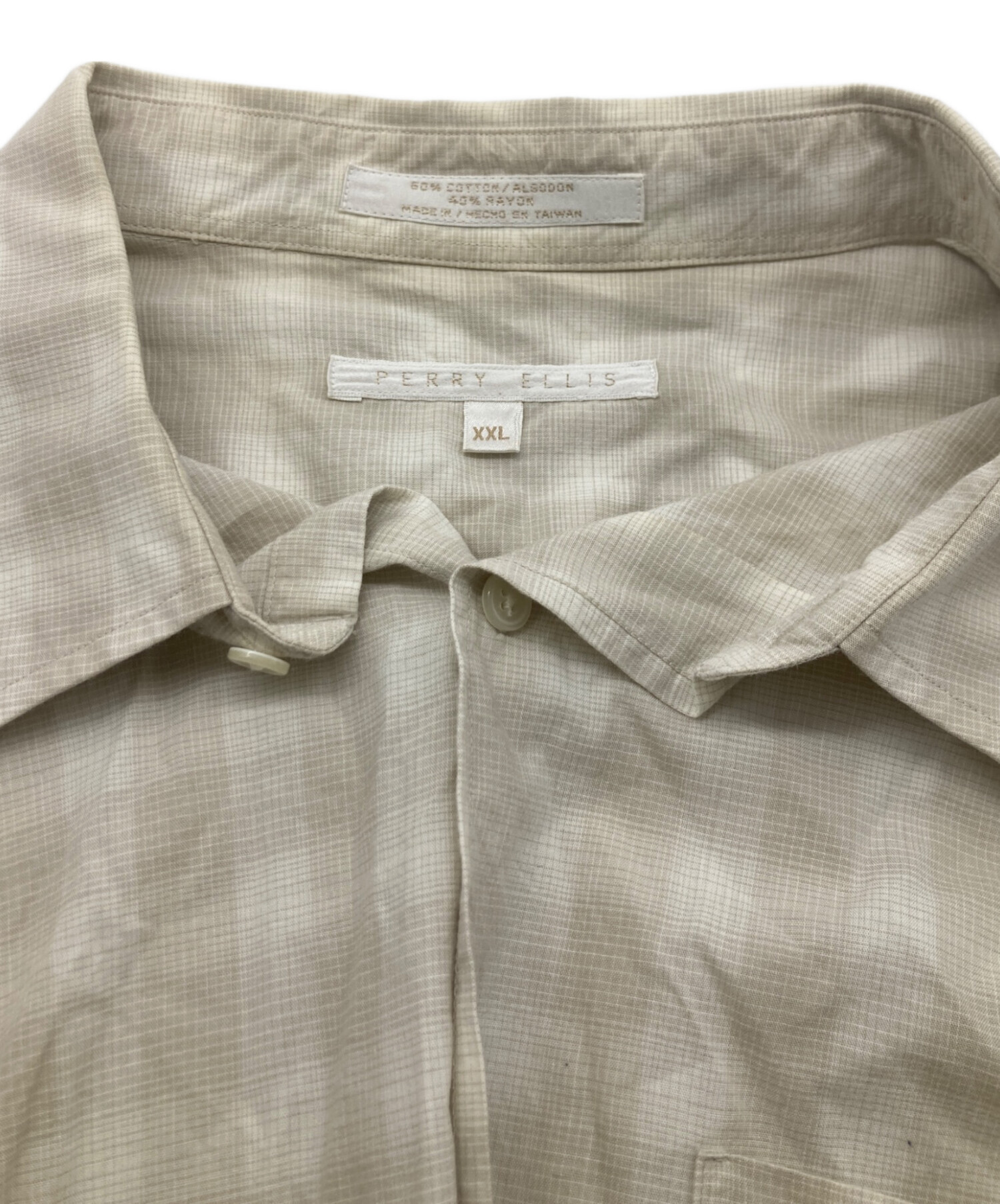 90s PERRY ELLIS コットンレーヨンシャツ チェックシャツ ベージュ 中古・古着通販】PERRY ELLIS (ペリーエリス) シャドーチェックシャツ