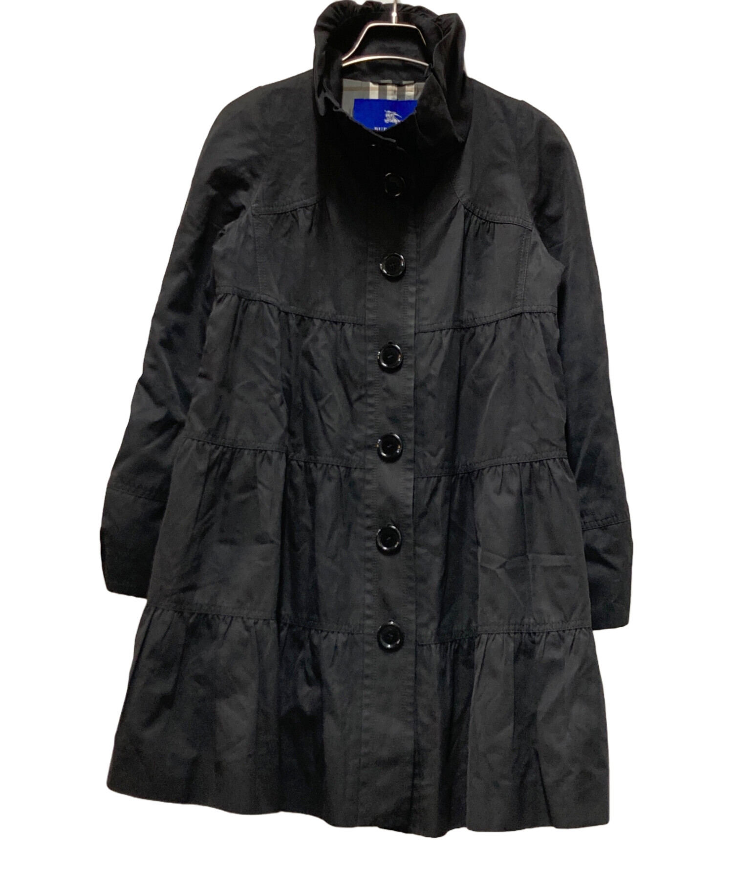 バーバリーブルーレーベル フレアコート 裾フリル ブラック ノバチェック 中古・古着通販】BURBERRY BLUE LABEL (バーバリー ブルー レーベル
