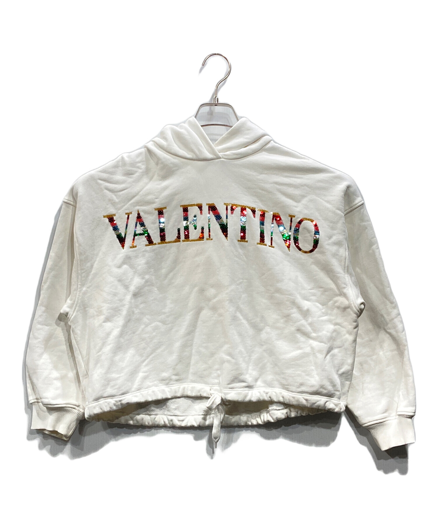 VALENTINO（ヴァレンティノ） プルオーバーパーカー フーディー ホワイト スパンコール ロゴ レディース サイズS 2B3MF21K7TB【中古】 VALENTINO - VALENTINO（ヴァレンティノ） プルオーバーパーカー