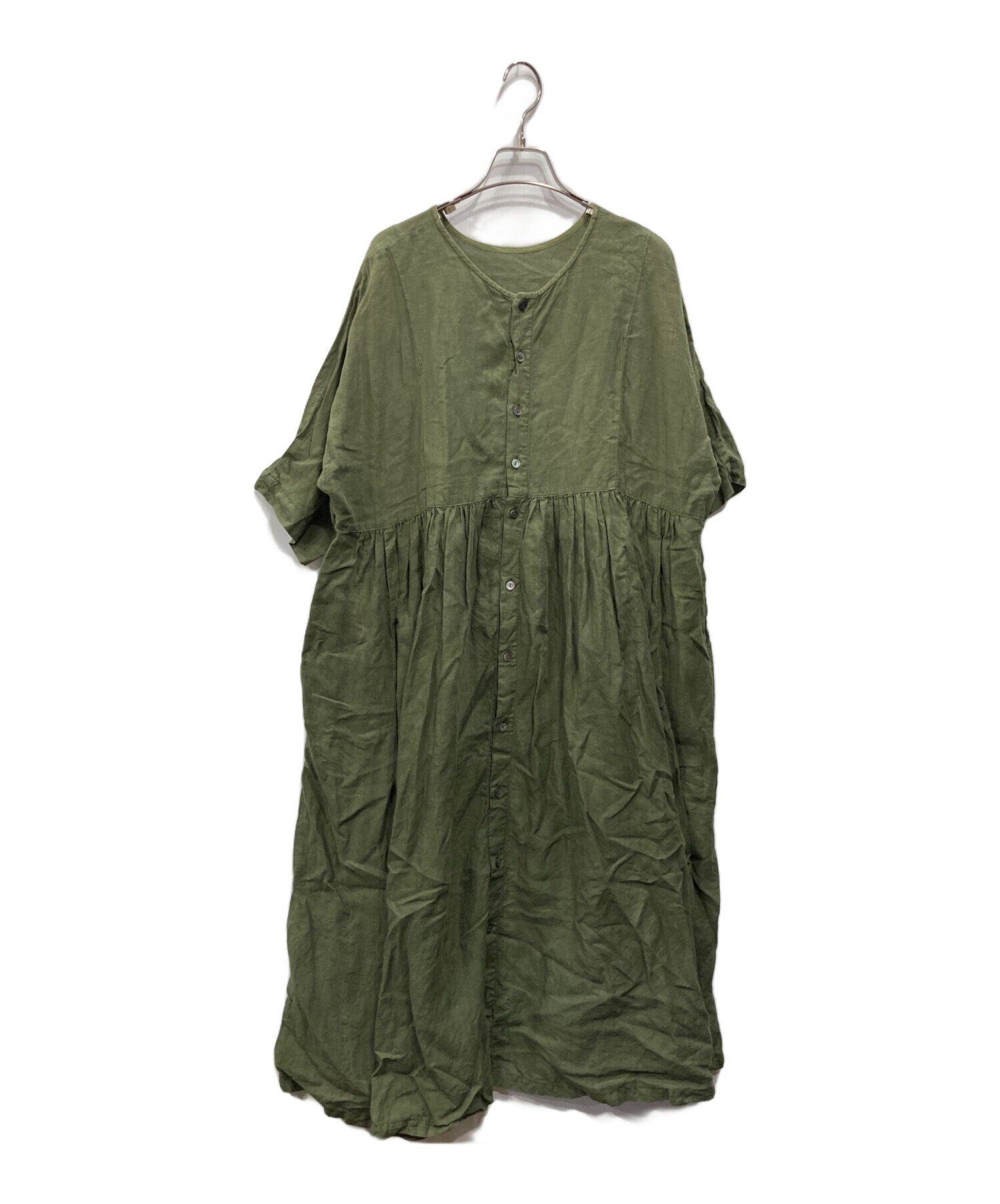 nest Robe リネンワンピース グリーン 中古・古着通販】nest Robe (ネストローブ) リネンボリュームギャザー