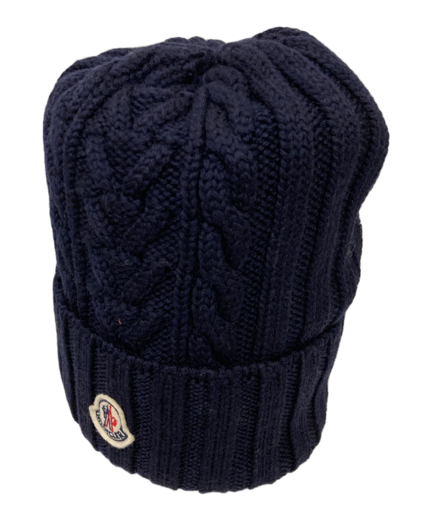 Moncler ニット帽 ネイビー ケーブル編み モンクレール 編み込み ケーブル ニット帽 ビーニー ネイビー ロゴ 美