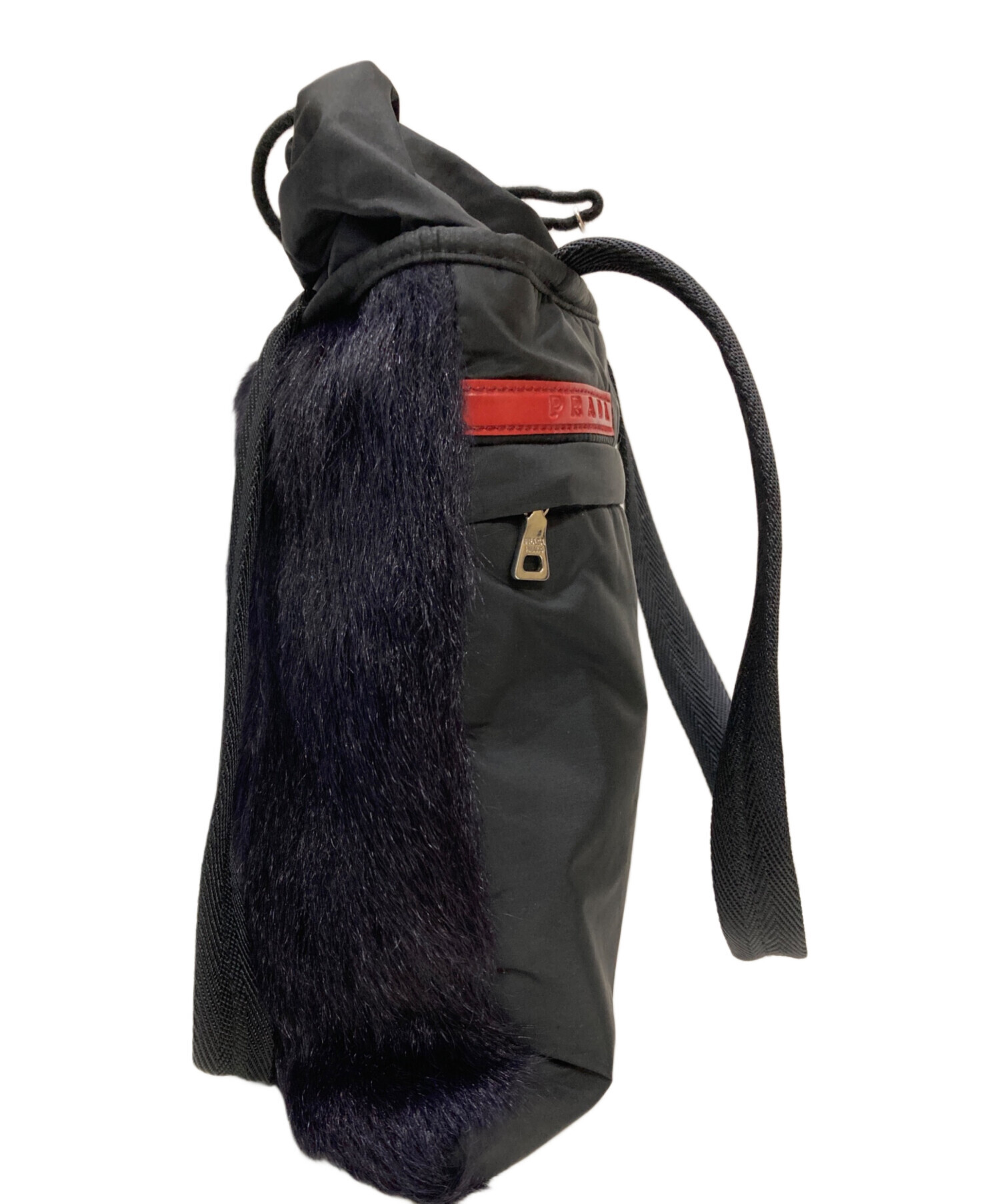 PRADA プラダスポーツ ナイロン×ファー ハンドバッグ ブラック 中古・古着通販】PRADA SPORTS (プラダスポーツ) ファーコンビナイロン
