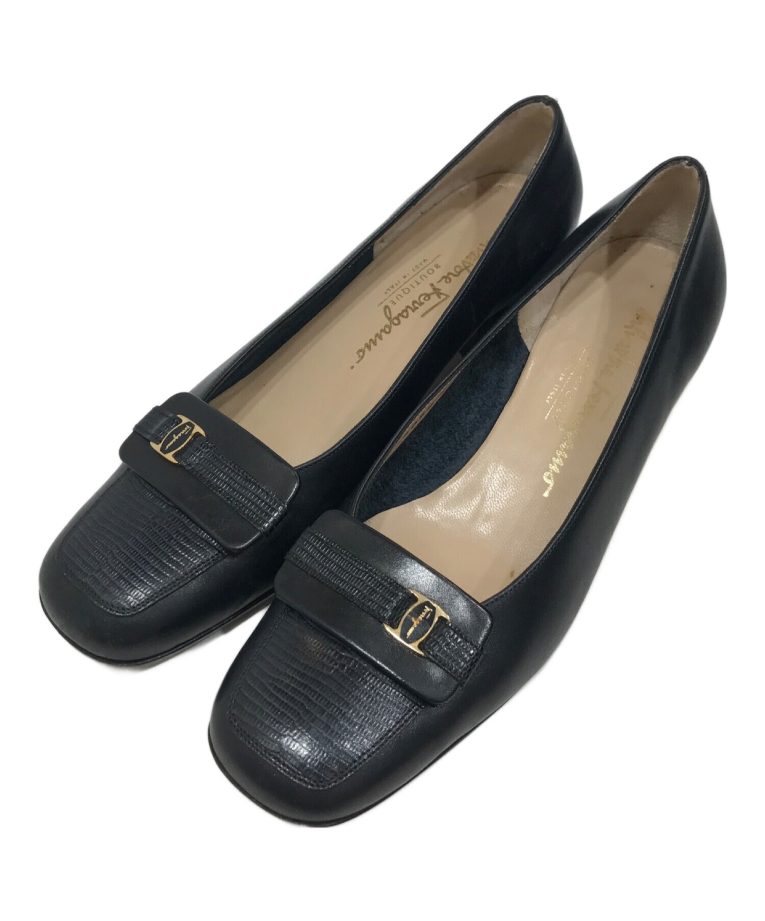 【中古】サルヴァトーレフェラガモ パンプス スクエアトゥ レザー チャンキーヒール 6C 黒 レディース 中古・古着通販】Salvatore Ferragamo (サルヴァトーレ フェラガモ