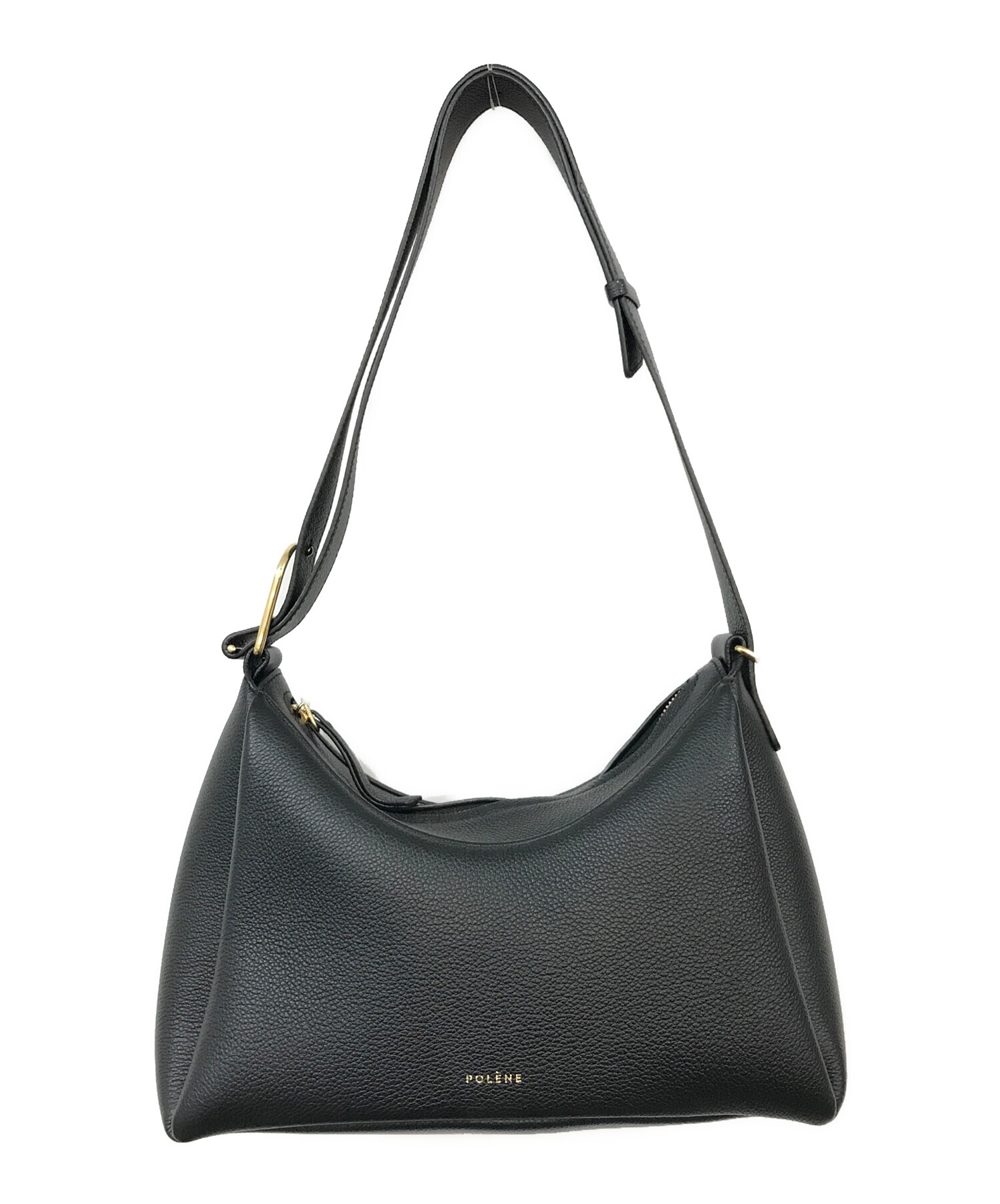 美品 ポレーヌ ショルダーバッグ ウミ レザー ブラック ロゴ刻印 斜めがけ 美品 ポレーヌ ショルダーバッグ ウミ レザー ブラック ロゴ刻印 斜
