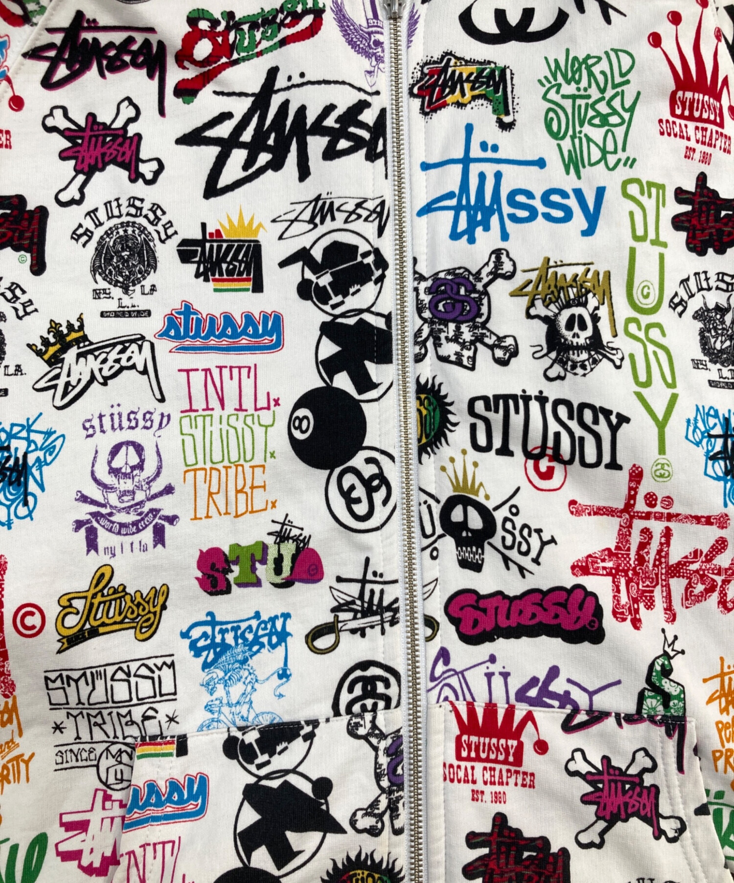 stussy ジップパーカー　old デカロゴ　ショーンフォント　古着 希少 00s OLD STUSSY ジップパーカー 古着 シャネルロゴ 黒 短丈 90s