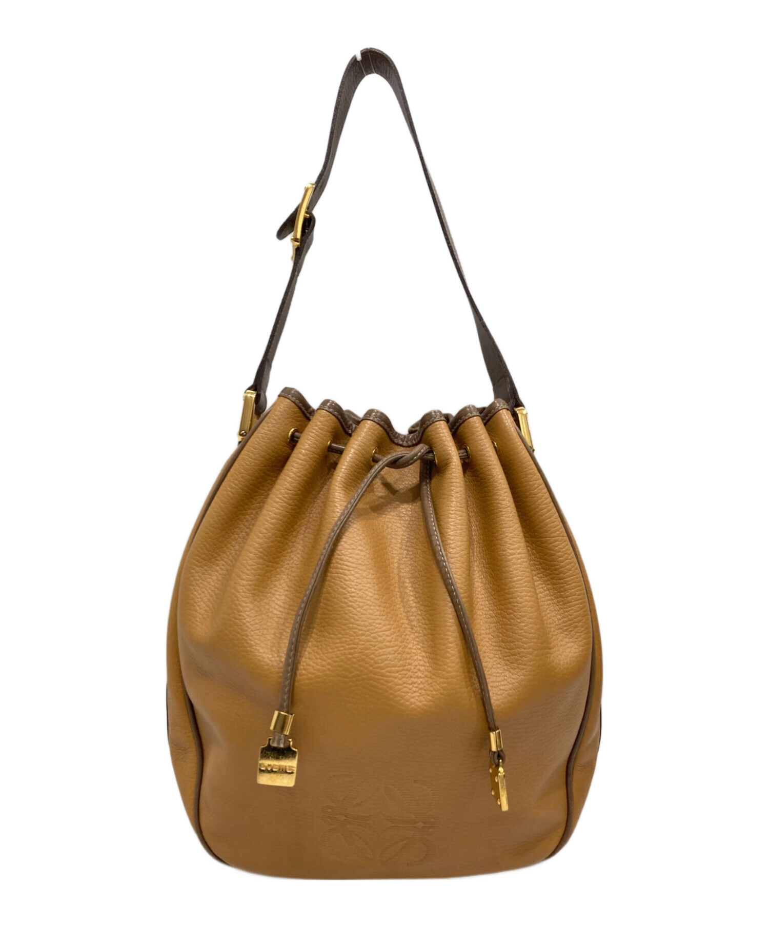 ロエベ ショルダーバッグ 巾着型 斜め掛け アナグラム レザー ライトブラウン 中古・古着通販】LOEWE (ロエベ) アナグラム 巾着 ショルダーバッグ