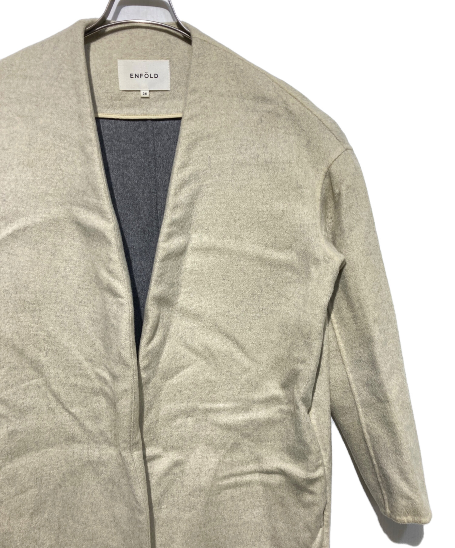 エンフォルド ENFOLD ウールリバー ノーカラーコート 38 ベージュ 中古・古着通販】ENFOLD (エンフォルド) ウールリバーノーカラー