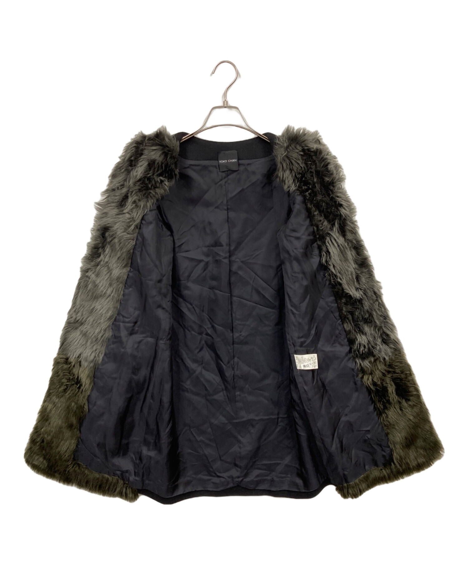 美品✨ヨーコチャン ノーカラーコート ダブルフェイス ファー 紺×ベージュ 38 中古・古着通販】YOKO CHAN (ヨーコチャン) フェイクファーノーカラー