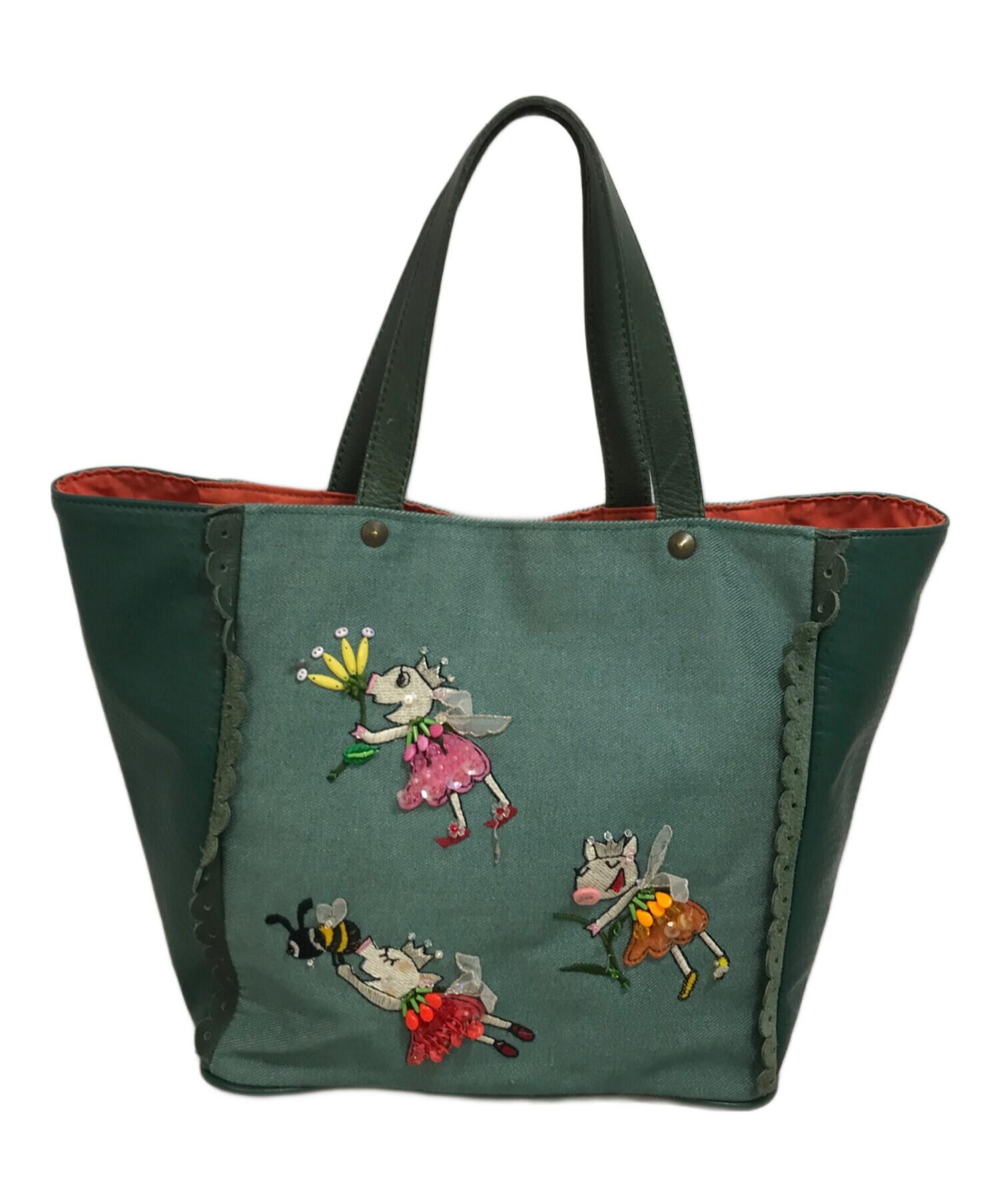 80.売り切り アルベロベロ 　　動物刺繍トートバッグ グリーン 80.売り切り アルベロベロ 動物刺繍トートバッグ グリーン 80