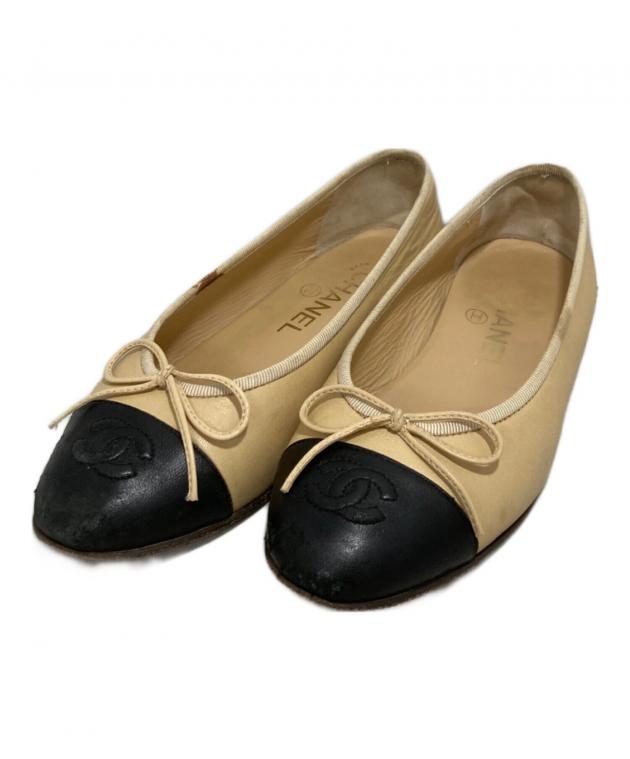 CHANEL バレエシューズ ベージュ/ブラック 中古・古着通販】CHANEL (シャネル) バレエシューズ ベージュ サイズ