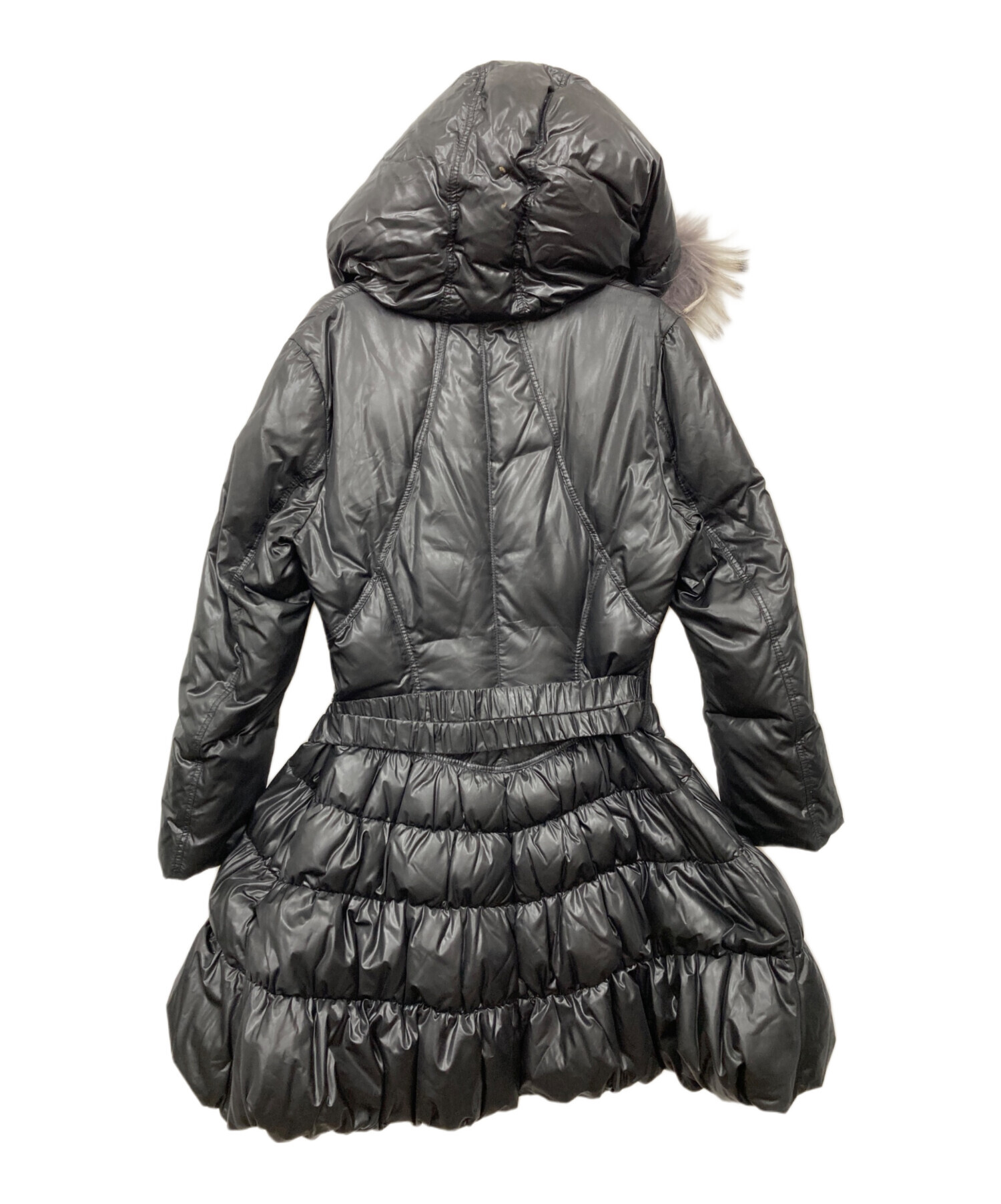 1375 バルマン ロングダウンコート フード ファー付き 13号 黒 中古・古着通販】BALMAIN (バルマン) ラクーンファー付きベルテッド