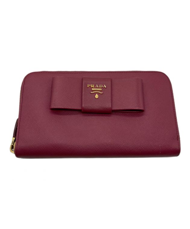 本物 プラダ PRADA リボン ラウンドファスナー 長財布 ロングウォレット レザー ピンク 財布 ウォレット 中古・ PRADA（プラダ） リボン ラウンドファスナー 長財布 ピンク