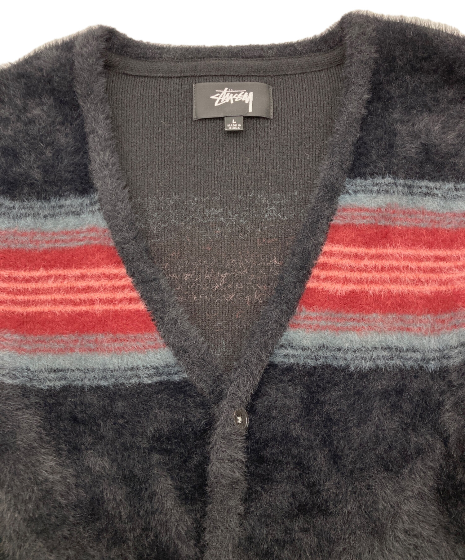 Stussy Vネックカーディガン 黒/赤/グレー 中古・古着通販】stussy (ステューシー) シャギーニットカーディガン