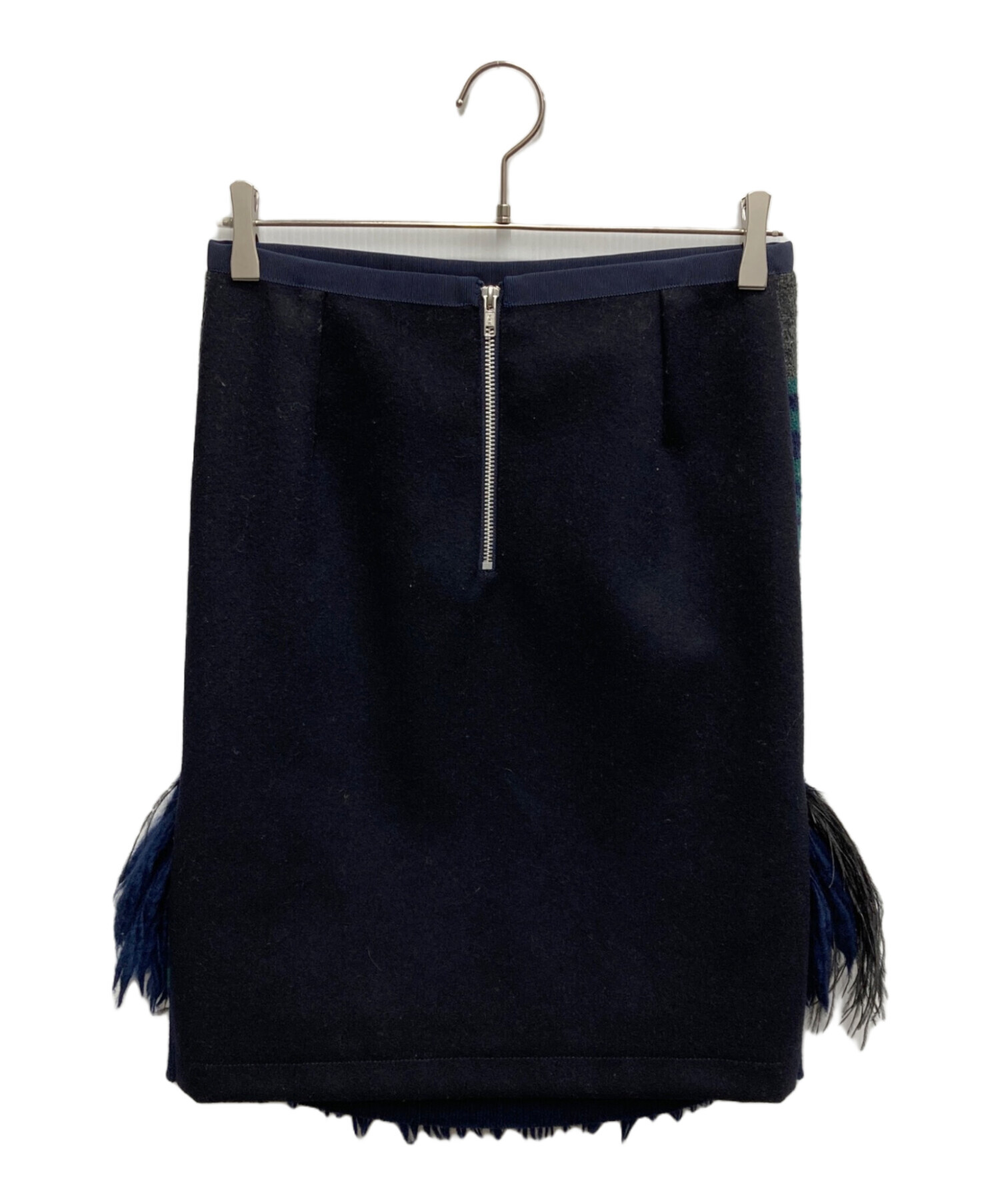 sacai/サカイ、切り替えラップフレアスカート、ネイビー、ウール、２サイズ 中古・古着通販】sacai (サカイ) 素材切替 フリンジスカート ネイビー