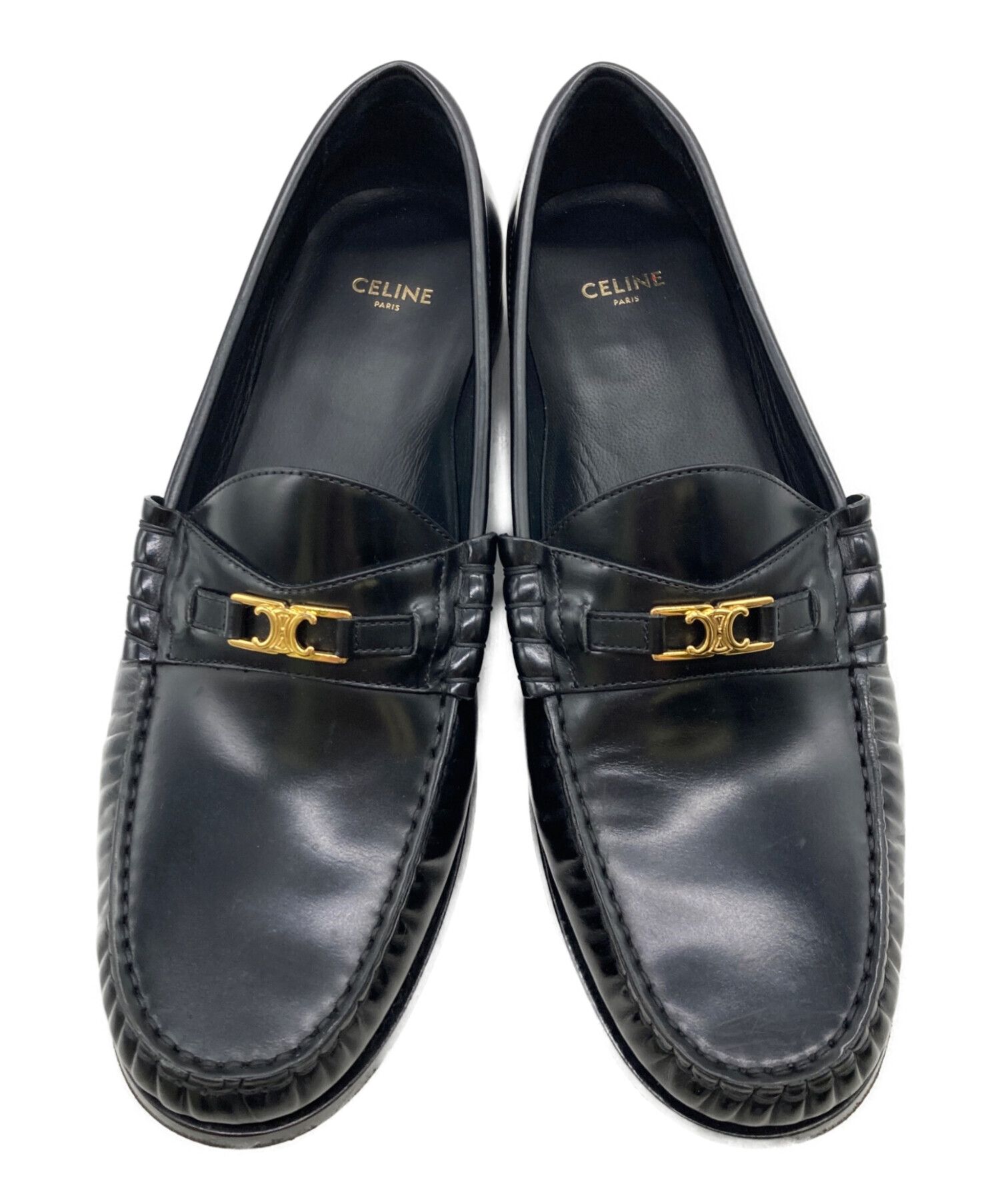 CELINE ブラック レザー ローファー 中古・古着通販】CELINE (セリーヌ) トリオンフ レザーローファー