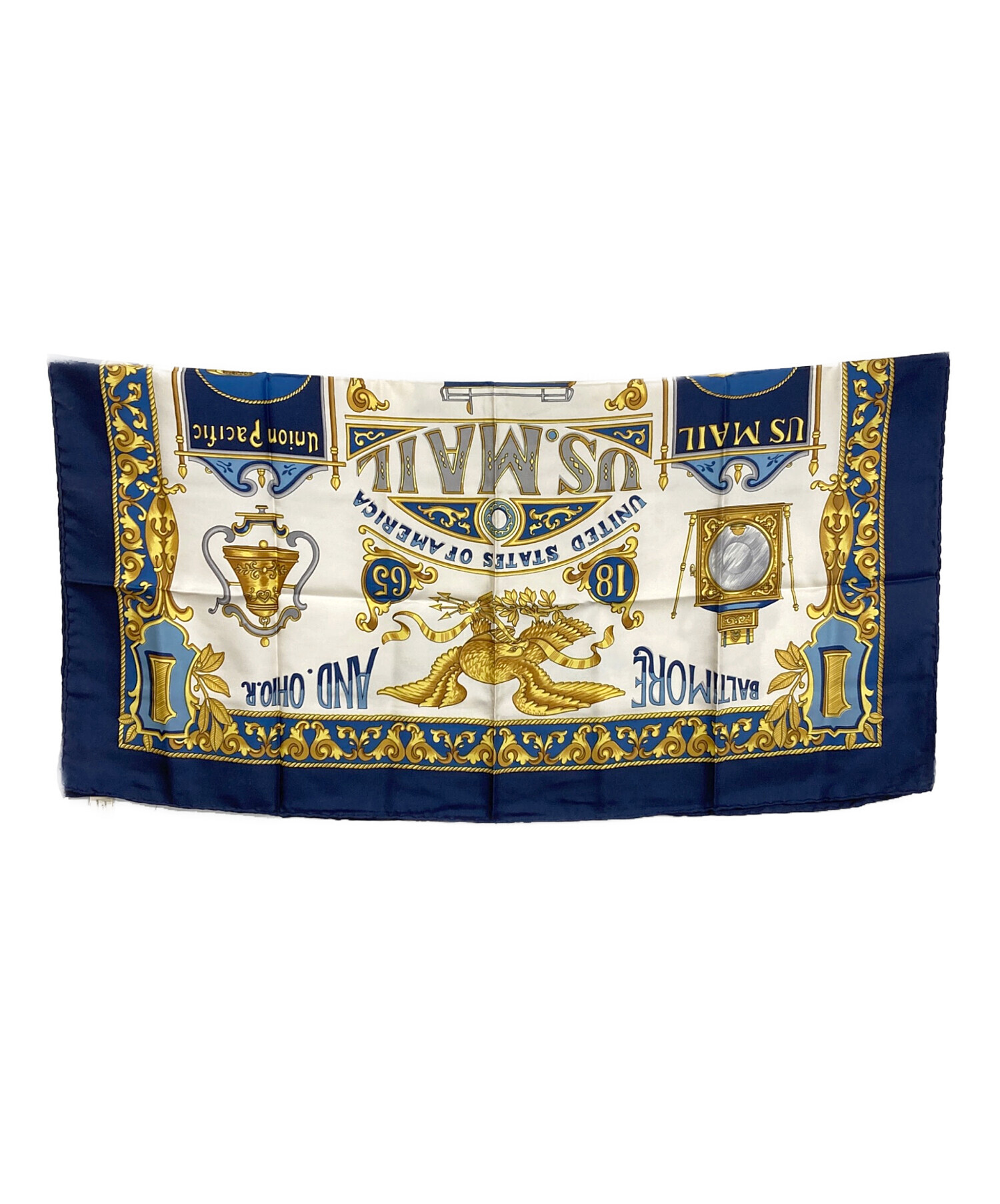 美品 CELINE セリーヌ シルクスカーフ ホワイト ネイビー 中古・古着通販】CELINE (セリーヌ) シルクスカーフ ネイビー