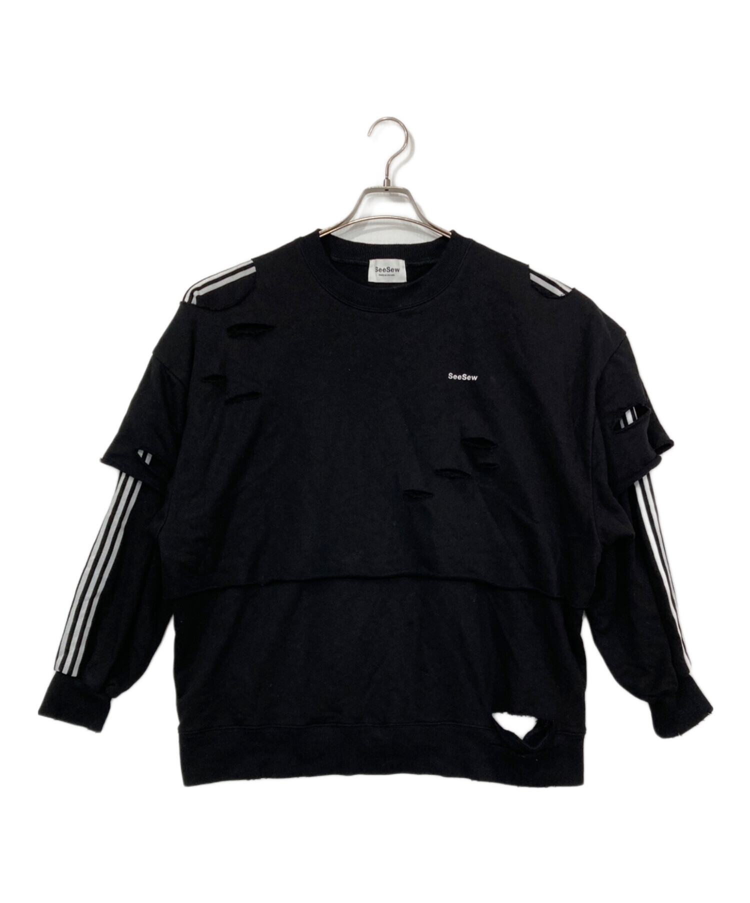 SeeSew LAYERD DAMAGE SWEAT ブラック L 未使用 中古・古着通販】SeeSew (シーソー) LAYERD DAMAGE SWEAT/レイヤード