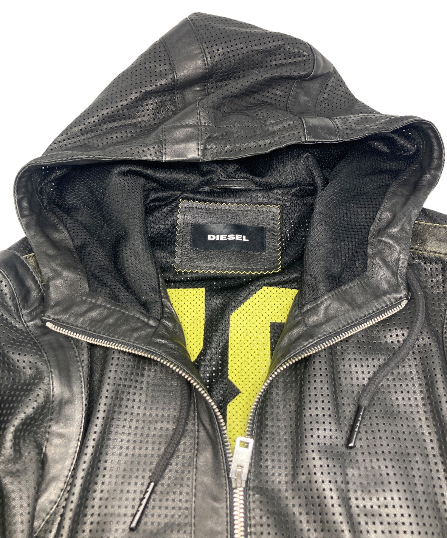 DIESEL パンチングレザー フーデッドジャケット 中古・古着通販】DIESEL (ディーゼル) ラムレザーフーデットジャケット