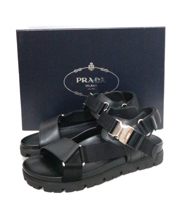 中古・古着通販】PRADA (プラダ) レザー切替サンダル ブラック サイズ