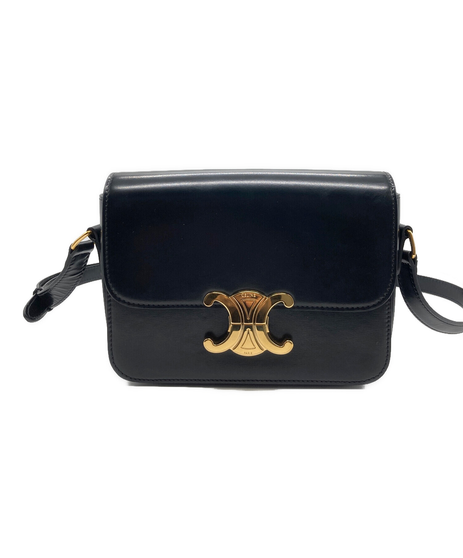 Th964041 セリーヌ ティーン トリオンフ ショルダーバッグ 本革 ブラック/ゴールド金具 レディース CELINE 良好・中古 CELINE（セリーヌ） トリオンフ ティーン 斜め掛け ショルダーバッグ