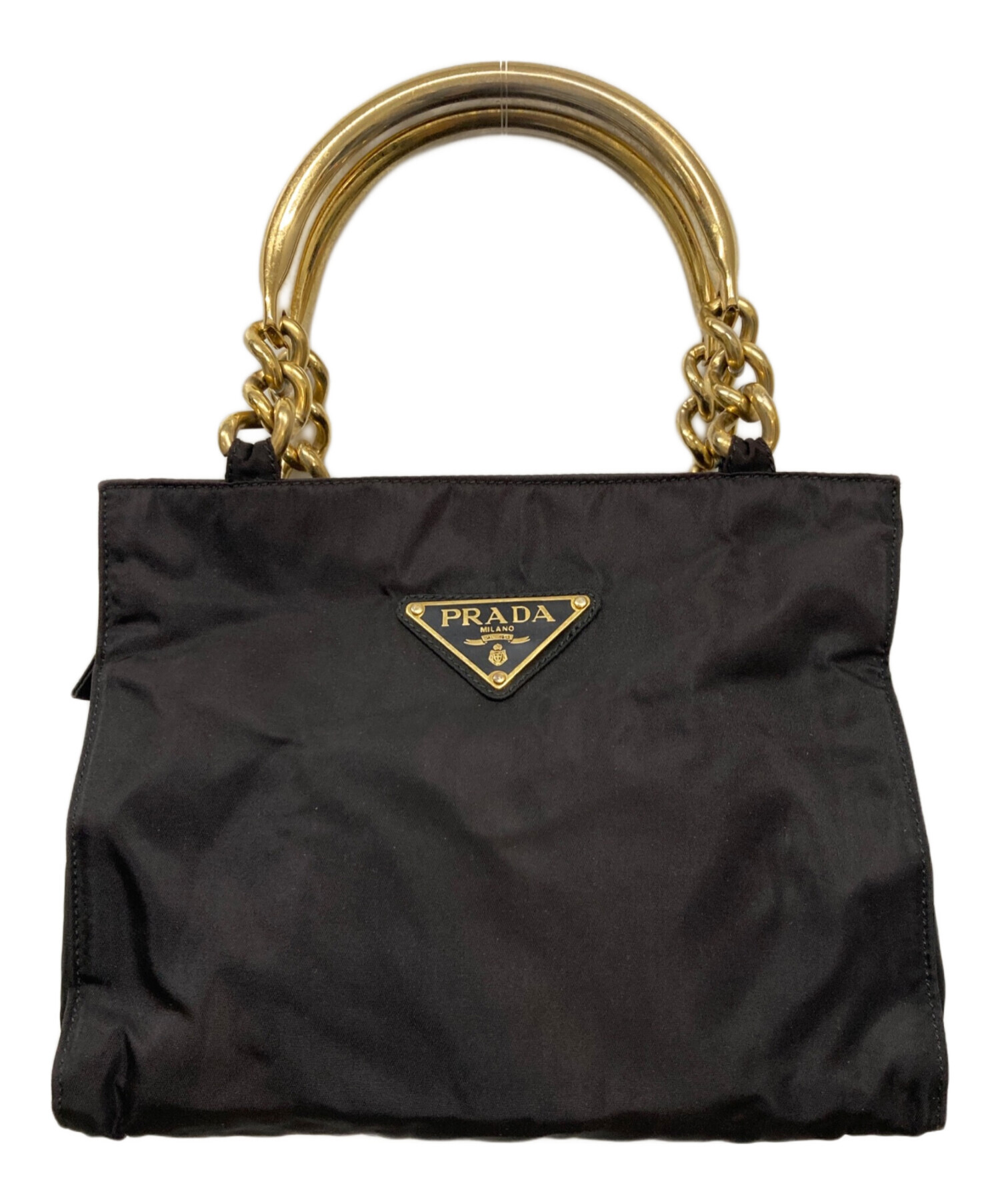 美品 PRADA プラダ　ナイロン　ゴールドハンドル ハンドバッグ　ブラック 中古・古着通販】PRADA (プラダ) ゴールドハンドルハンドバッグ