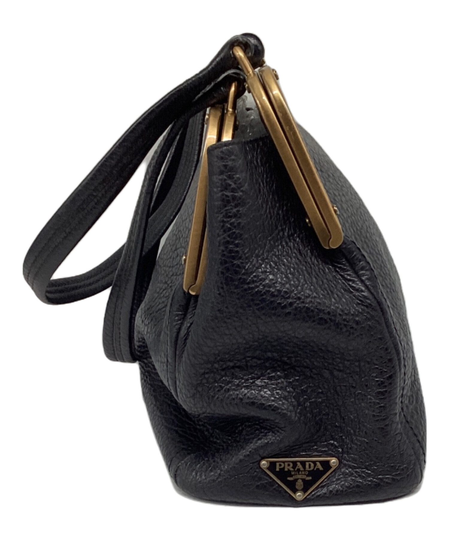 プラダ　PRADA がま口　ハンドバッグ　トートバッグ　レザー 中古・古着通販】PRADA (プラダ) がま口レザートートバッグ ブラック