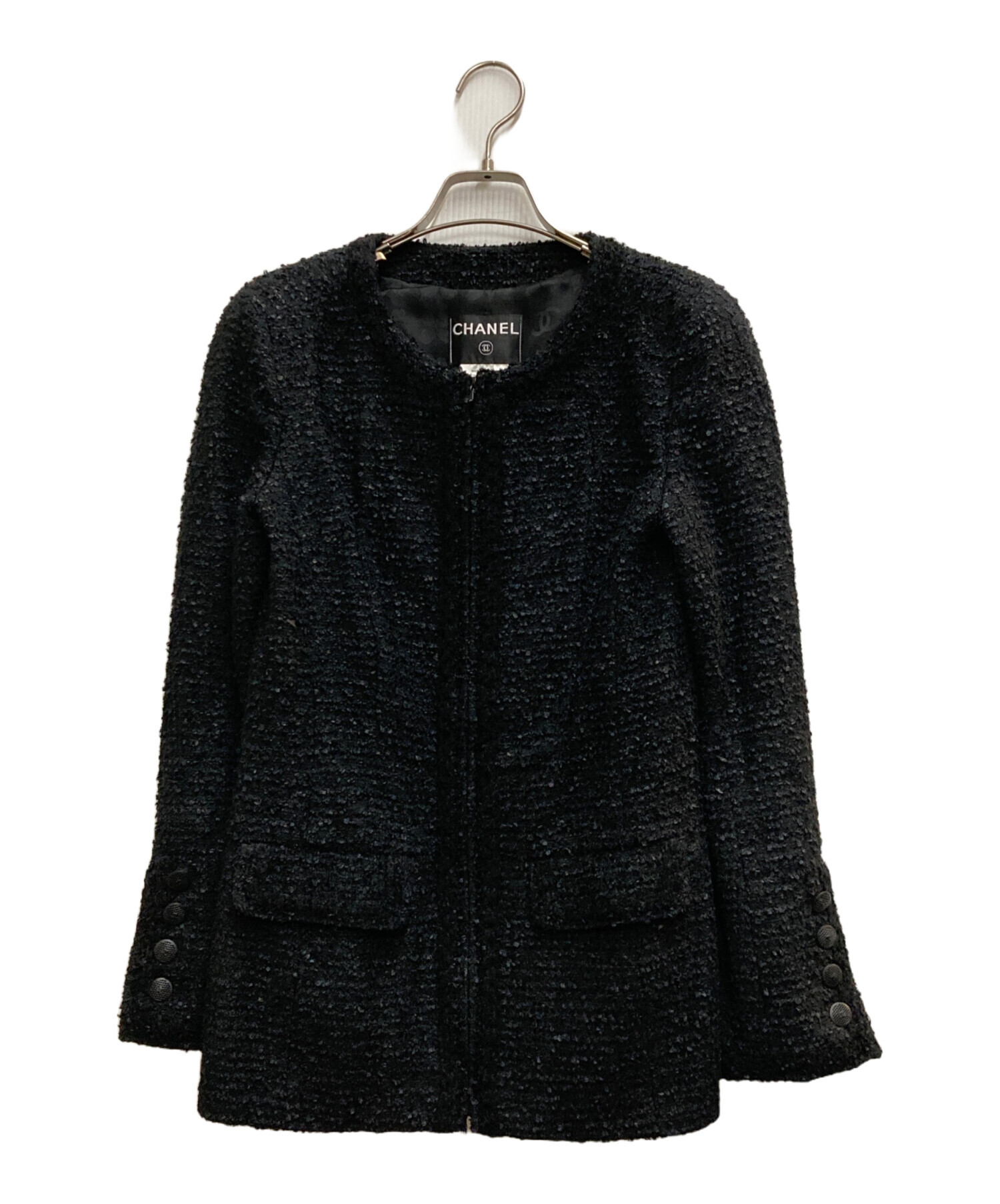 シャネルブラックジャケット 中古・古着通販】CHANEL (シャネル) ツイードジップジャケット