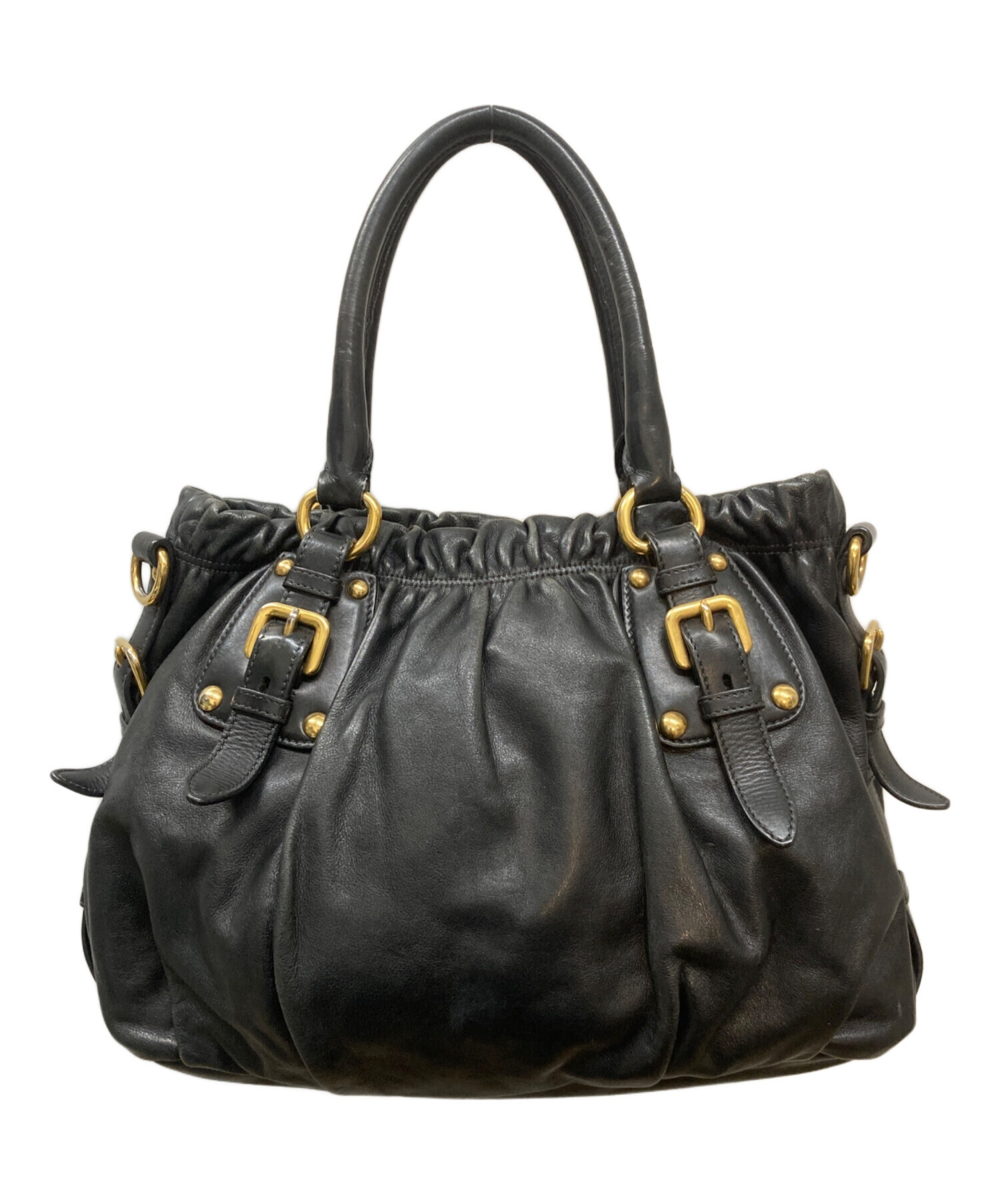 PRADA ブラックレザー ハンドバッグ 中古・古着通販】PRADA (プラダ) 2WAY レザーハンドバッグ ブラック