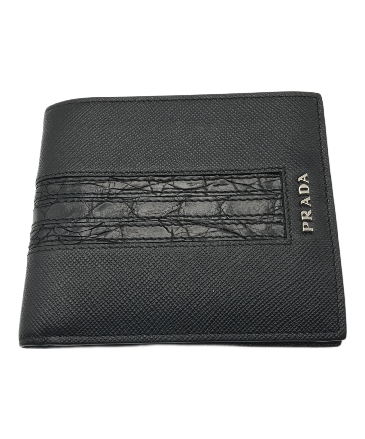 極美品　PRADA 黒 コンパクトウォレット　 サフィアーノレザーシルバー金具 中古・古着通販】PRADA (プラダ) サフィアーノ×クロコ コンパクト