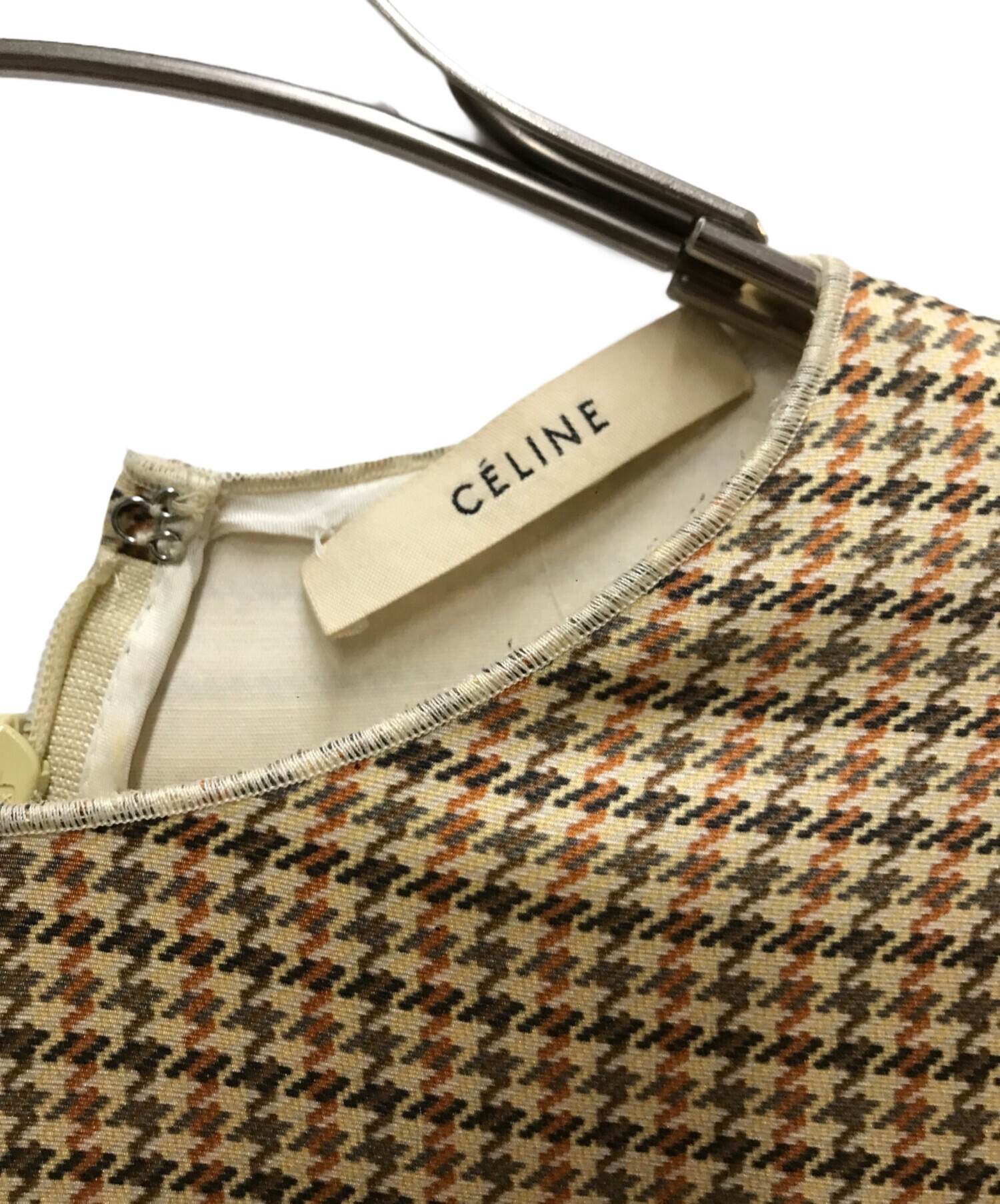 【美品】  CELINE / セリーヌ | 夏 | フィービー期 シルク 千鳥格子 オーバーブラウス トップス | 36 | ベージュ系 | レディース 中古・古着通販】CELINE (セリーヌ) 千鳥格子 オーバーブラウス