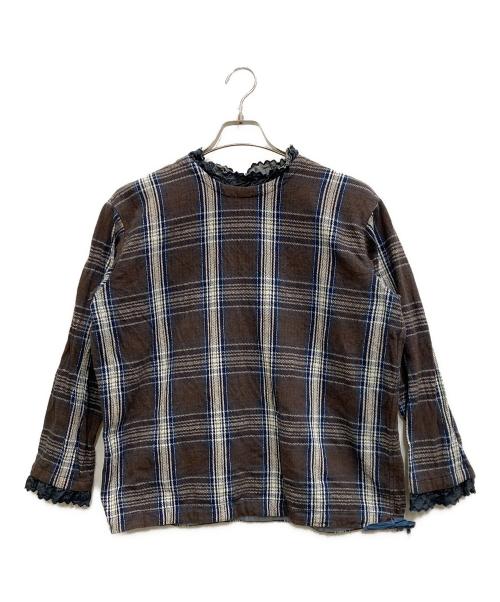 45R 藍ざっくりネルのフリルTシャツ チェック　フリル　ブラウン 3049005489028289_01_3662w.jpeg