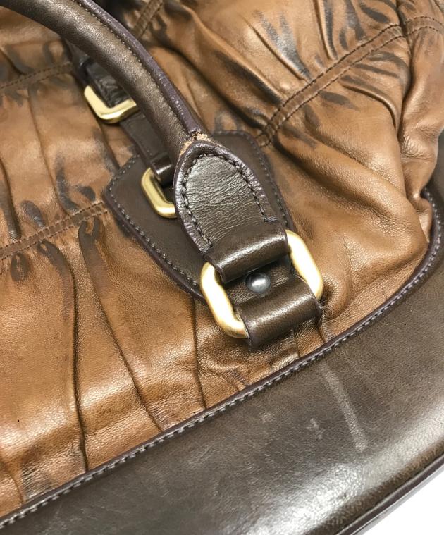 プラダ ハンドバッグ ナッパレザー ギャザー 三角ロゴ ブラウン 中古・古着通販】PRADA (プラダ) ナッパレザーギャザーハンドバッグ