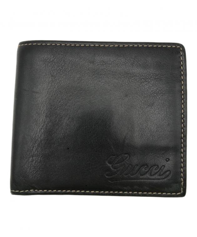 未使用　GUCCI グッチ　レザー二つ折り財布　ブラック　黒　ロゴプレート 中古・古着通販】GUCCI (グッチ) 2つ折り財布 ブラック｜ブランド