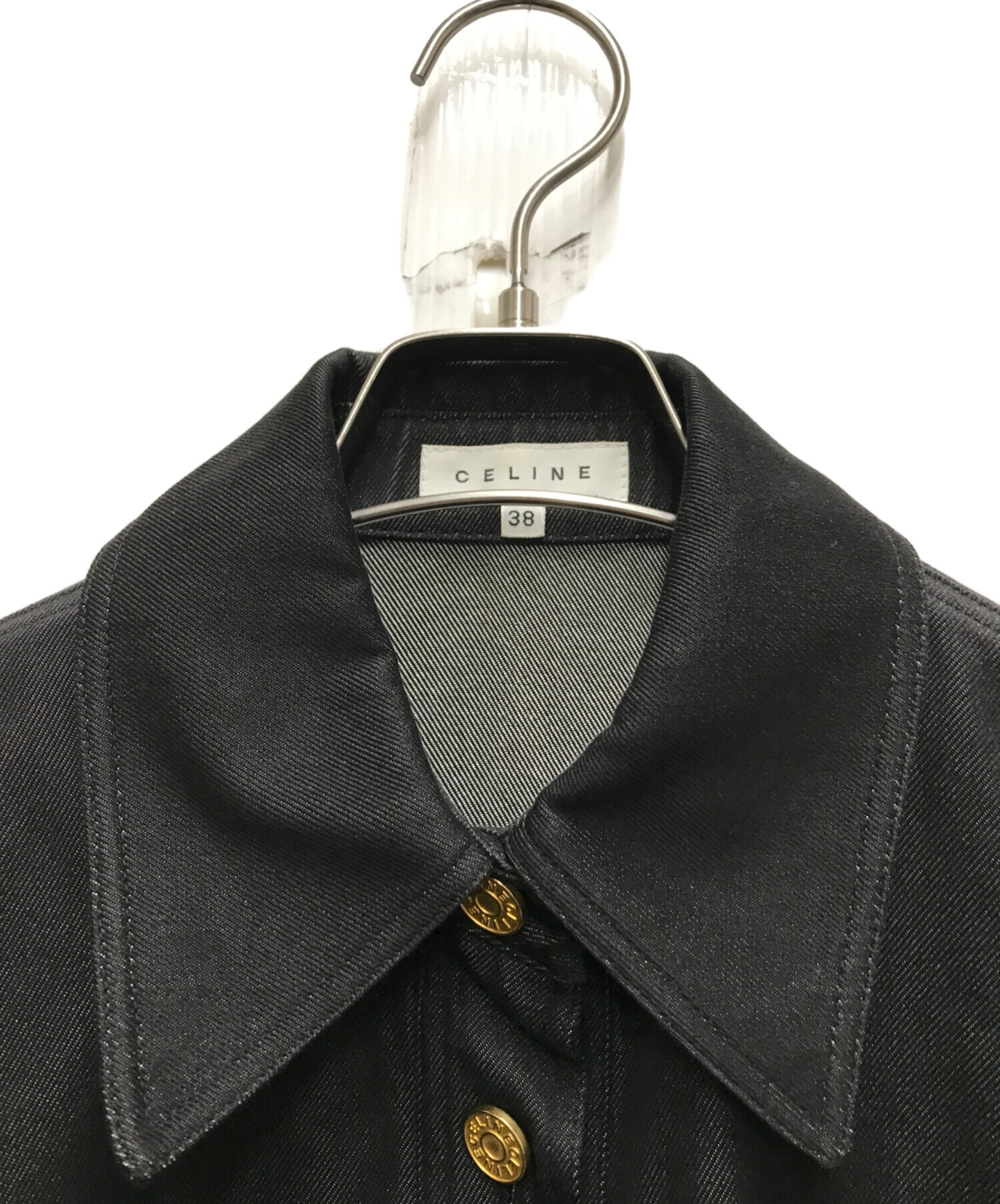 セリーヌ　CELINE フランス製　シルク　コート比ロゴボタン　七分袖　美品 CELINE セリーヌ シルク ブラック ブランドロゴ入りボタン CELINE