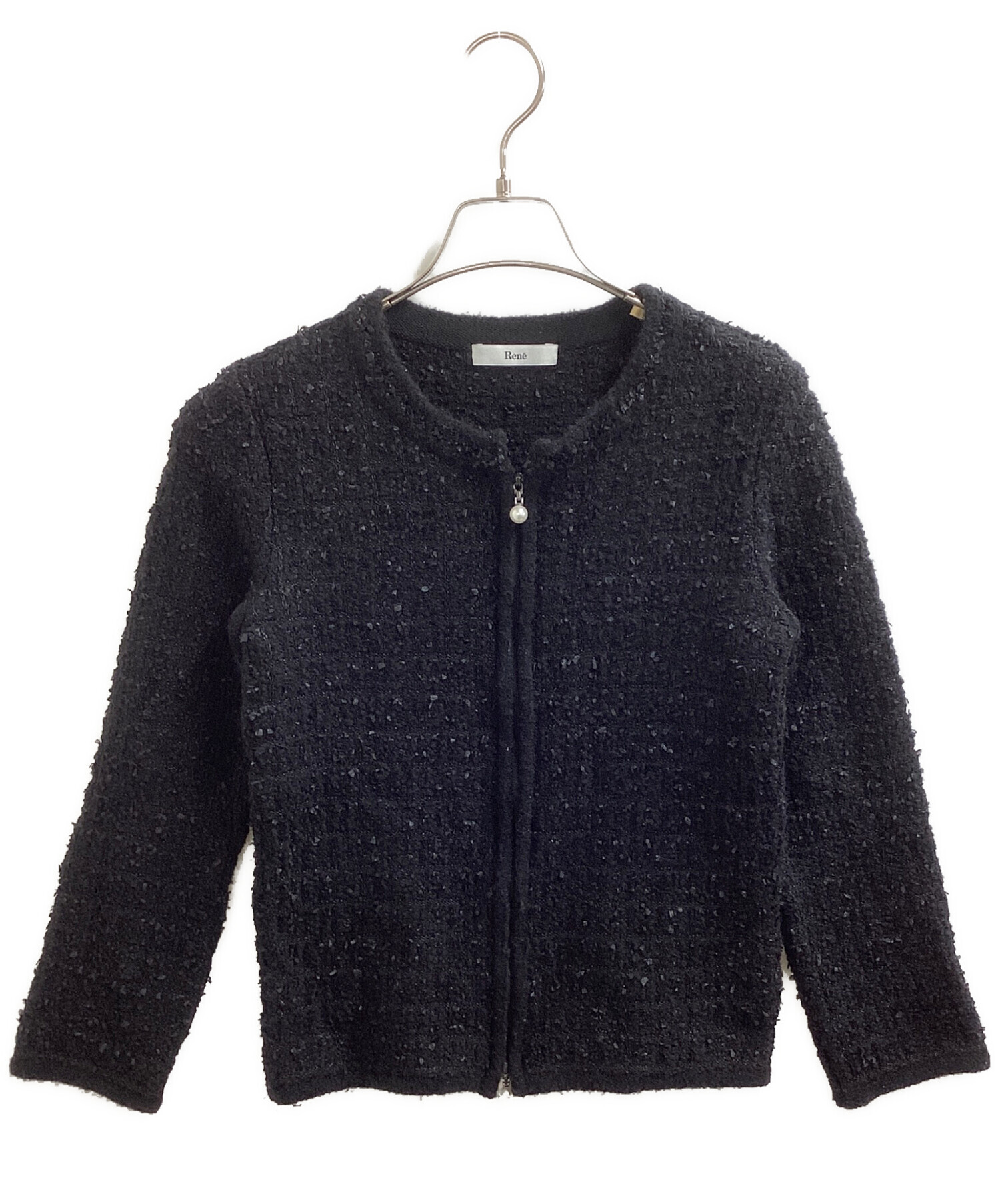 未使用級✨ルネ TISSUE パール ジップ ツイード ジャケット ネイビー 中古・古着通販】Rene (ルネ) パール ツイード ノーカラージャケット
