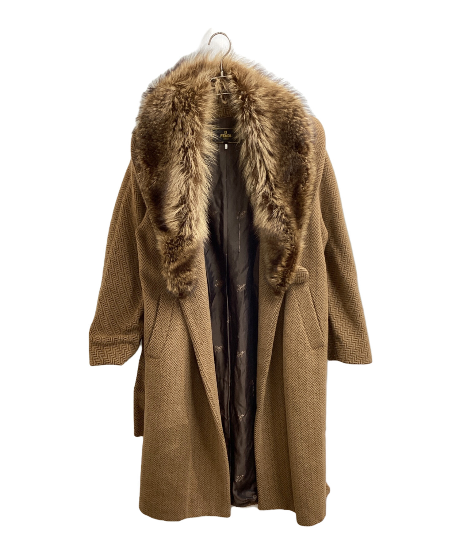 美品✨FENDI フェンディ　襟ファー　ロングコート　ベルト　M ブラウン　38 美品✨FENDI フェンディ 襟ファー ロングコート ベルト M ブラウン 38